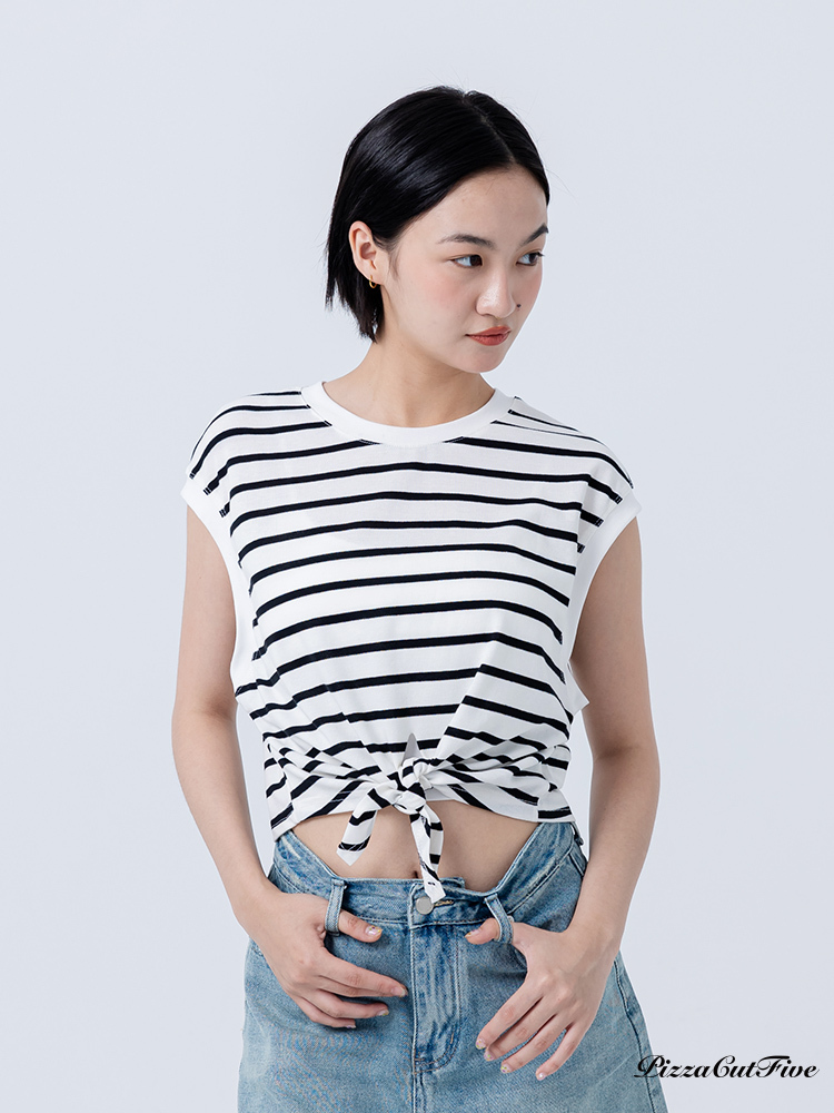 [SALE]百搭綁帶條紋短袖上衣 PizzaCutFive PCF252404026