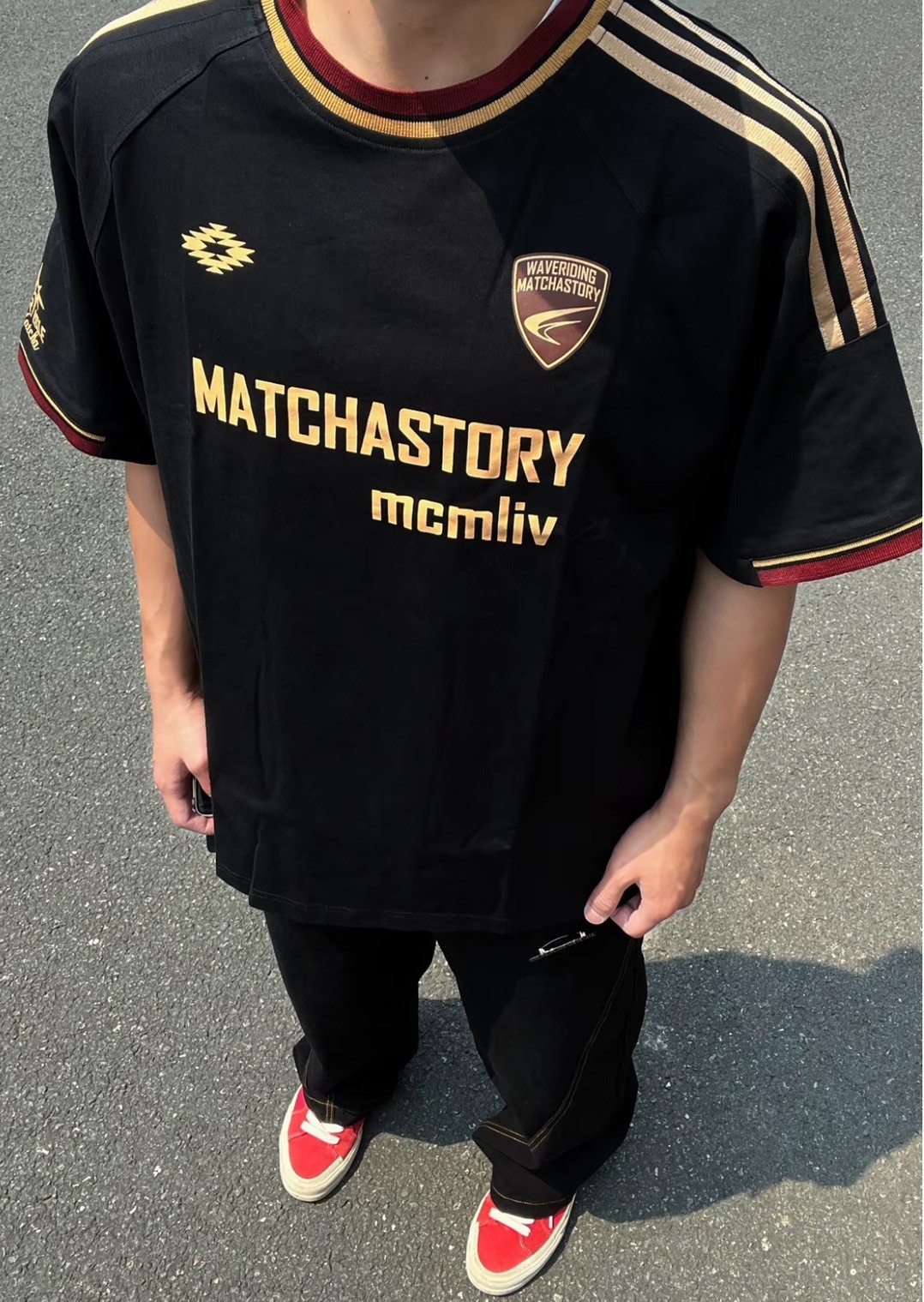 MATCHA STORY 黑色美式學院風拼接短袖Tee