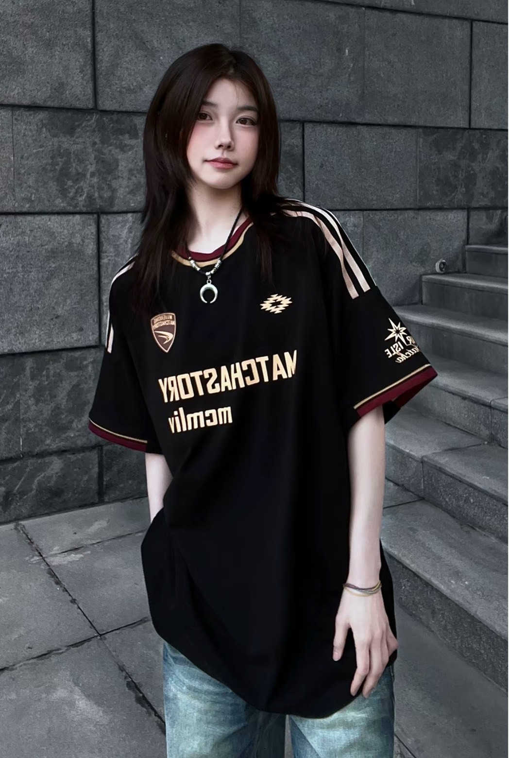 MATCHA STORY 黑色美式學院風拼接短袖Tee