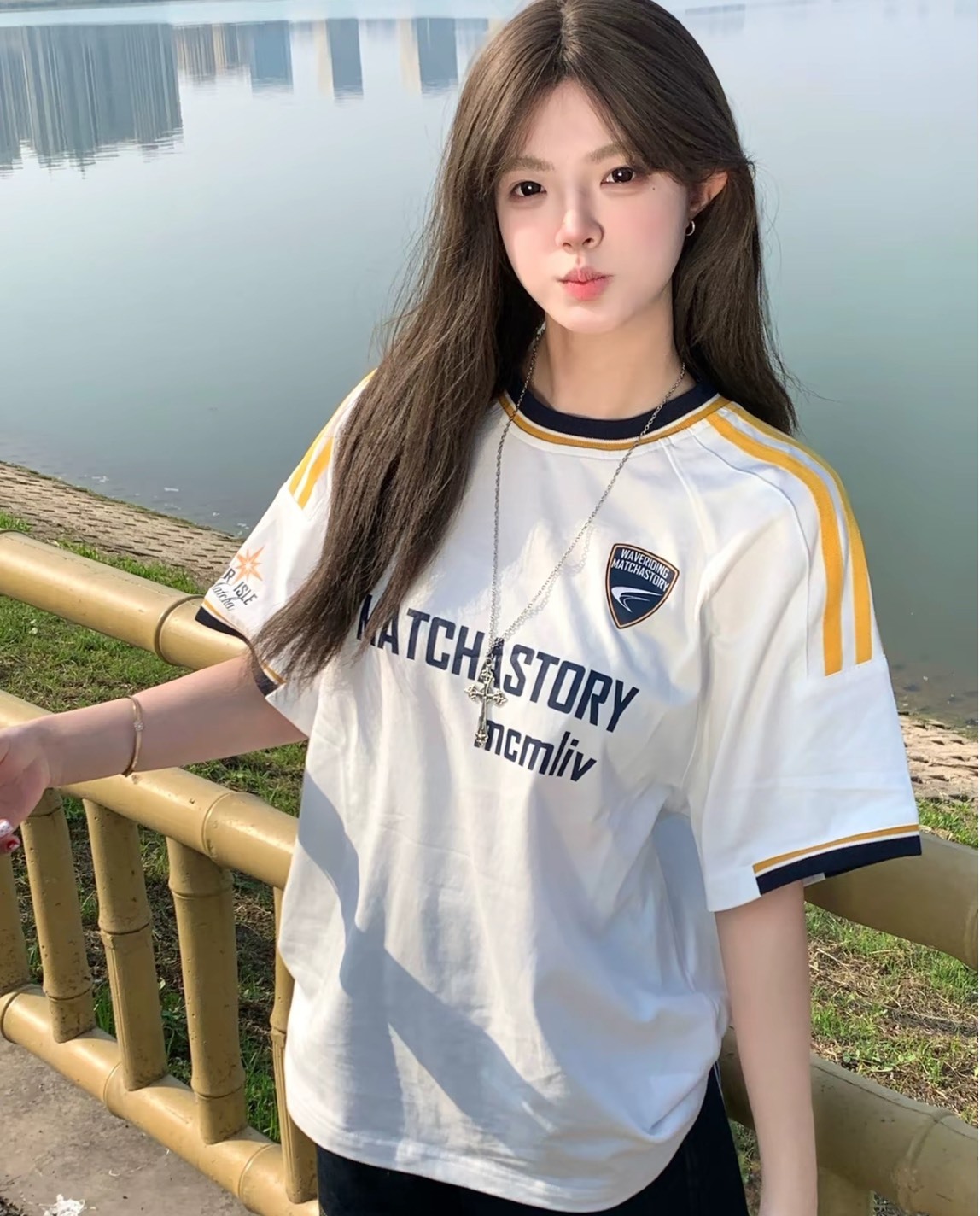 MATCHA STORY 白色美式學院風拼接短袖Tee