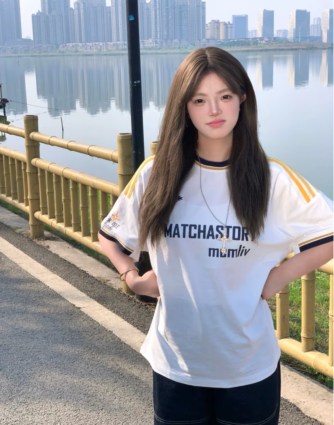 MATCHA STORY 白色美式學院風拼接短袖Tee