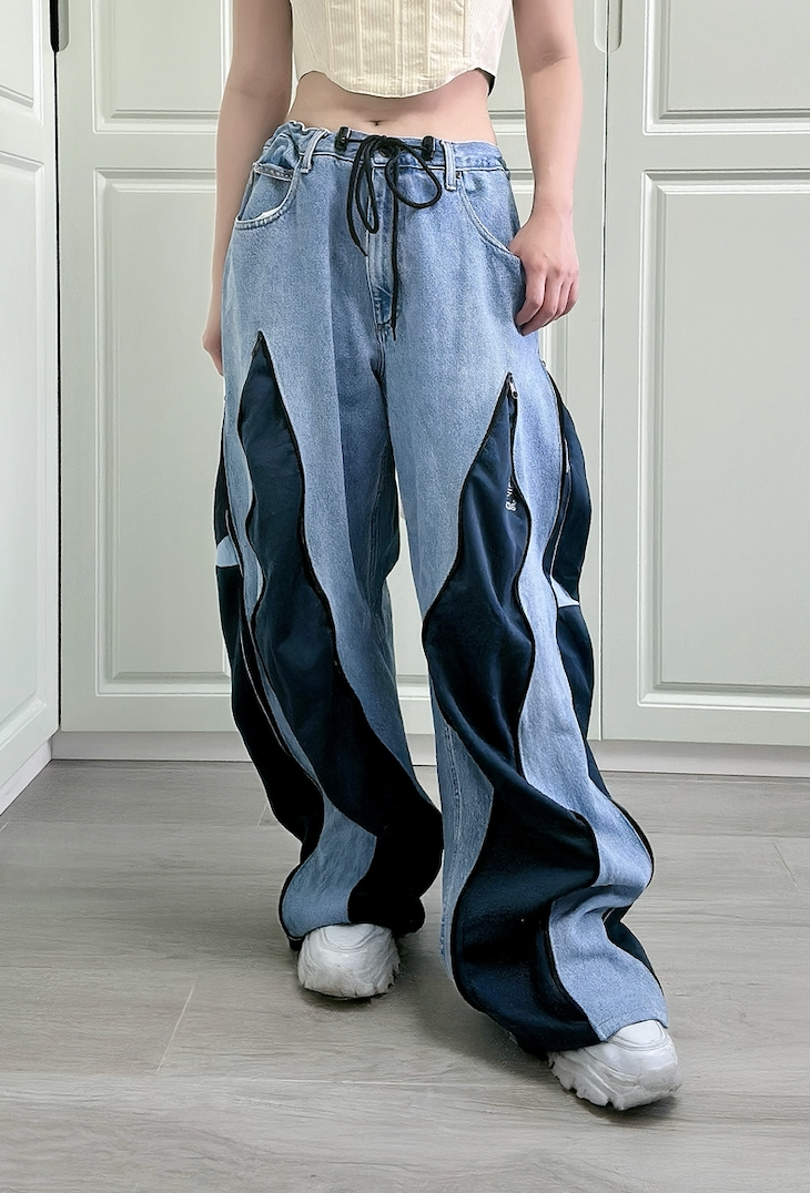 【售罄】泰國REMAKE 拉鏈併布牛仔褲 (男女款) - 牛仔藍併藍