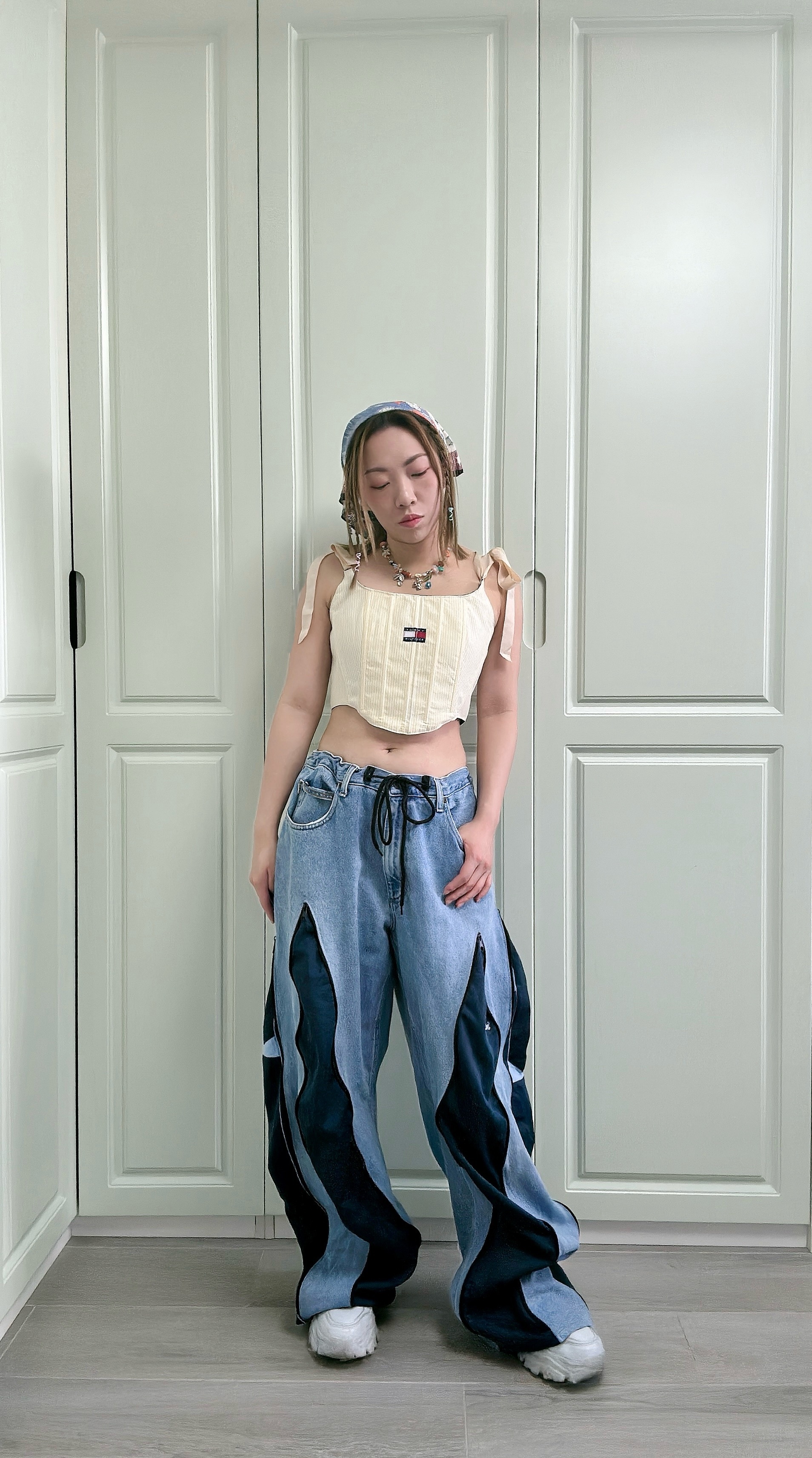 【售罄】泰國REMAKE 拉鏈併布牛仔褲 (男女款) - 牛仔藍併藍