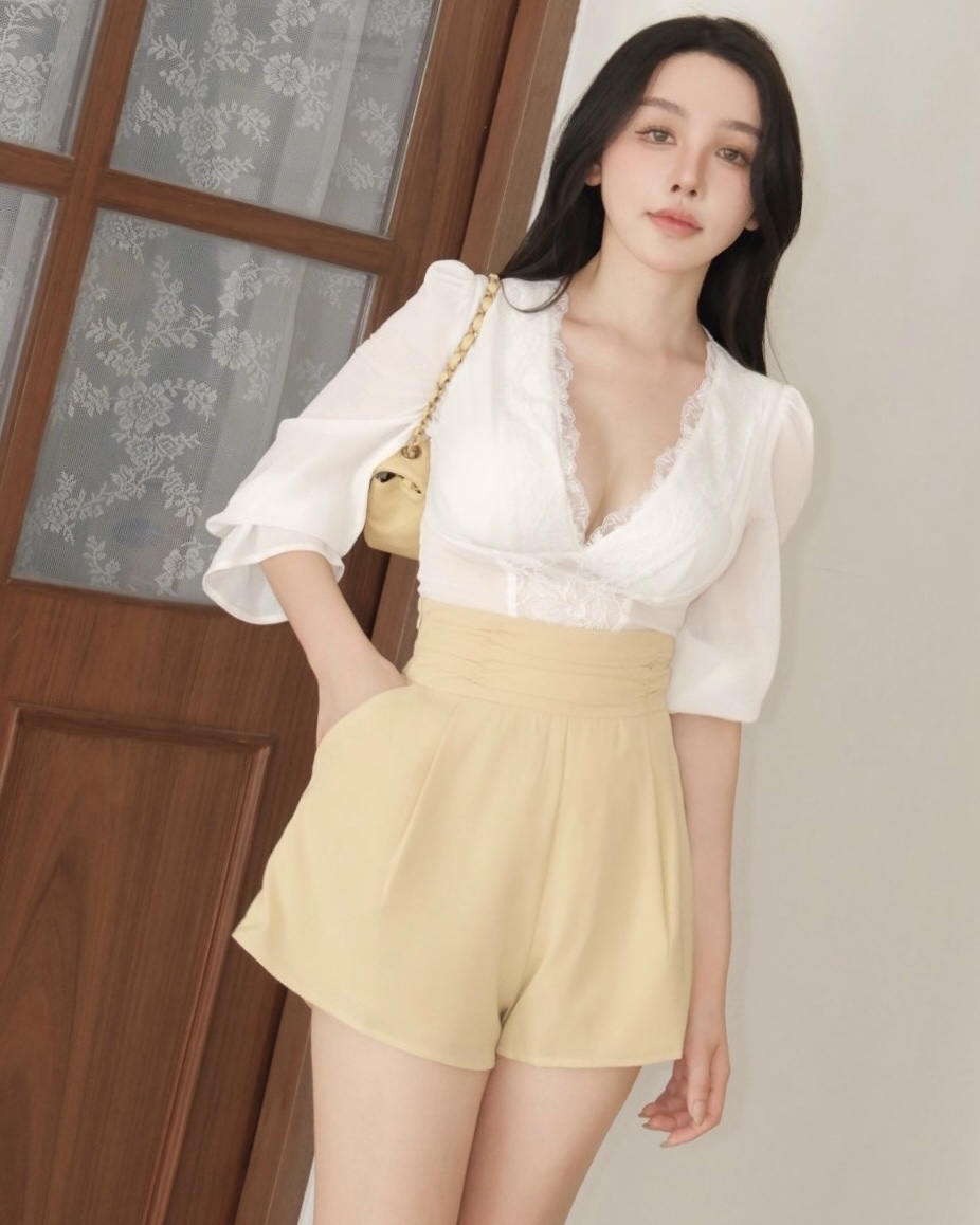 訂製-古典蕾絲深V雪紡上衣