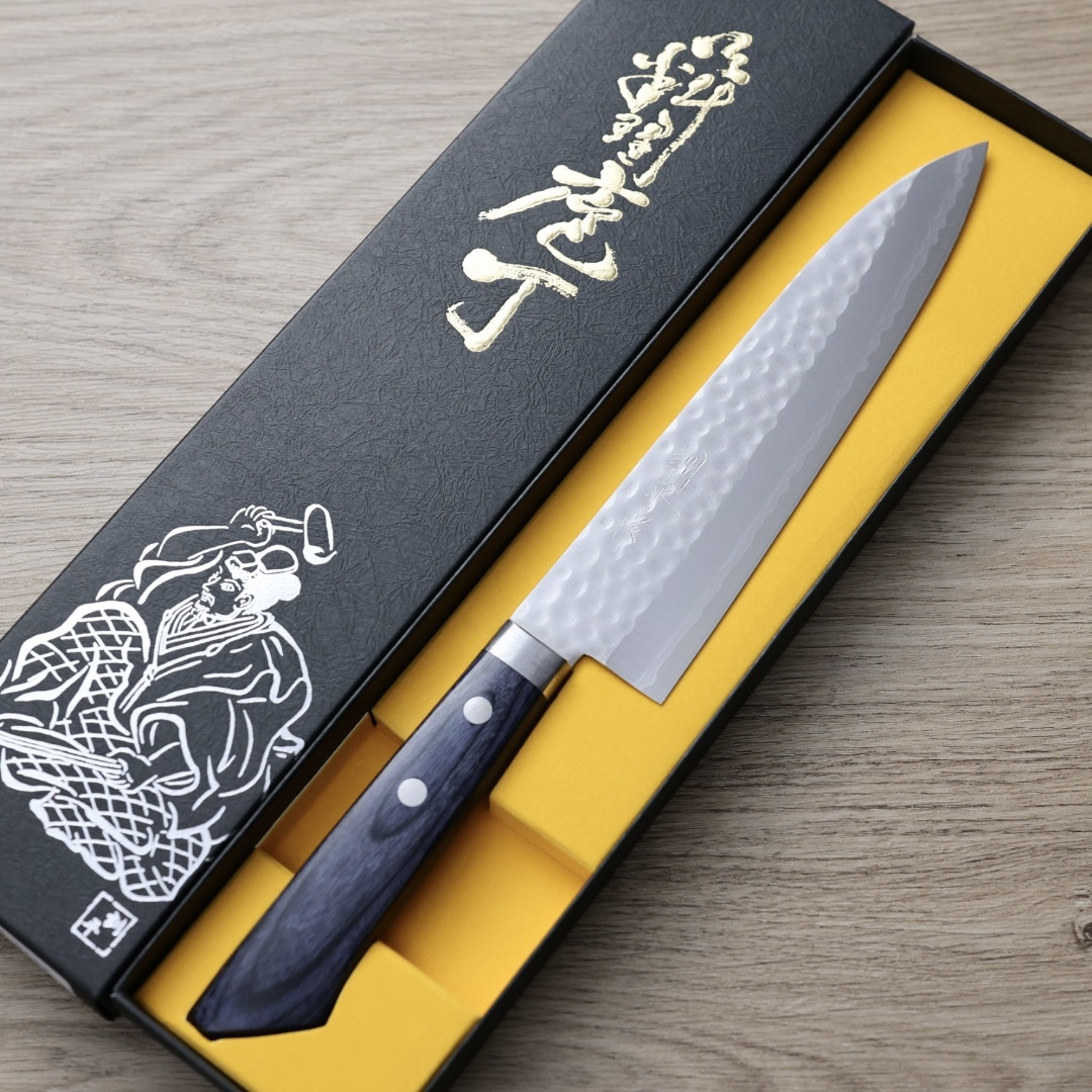 增谷訓生 牛刀 180mm VG10鋼 鎚目大馬士革 刻流 藍柄