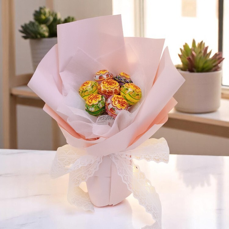 粉色花朵加倍佳棒棒糖花束,加倍佳零食花束,加倍佳棒棒糖花束Chupa Chups Lollipop bouquet