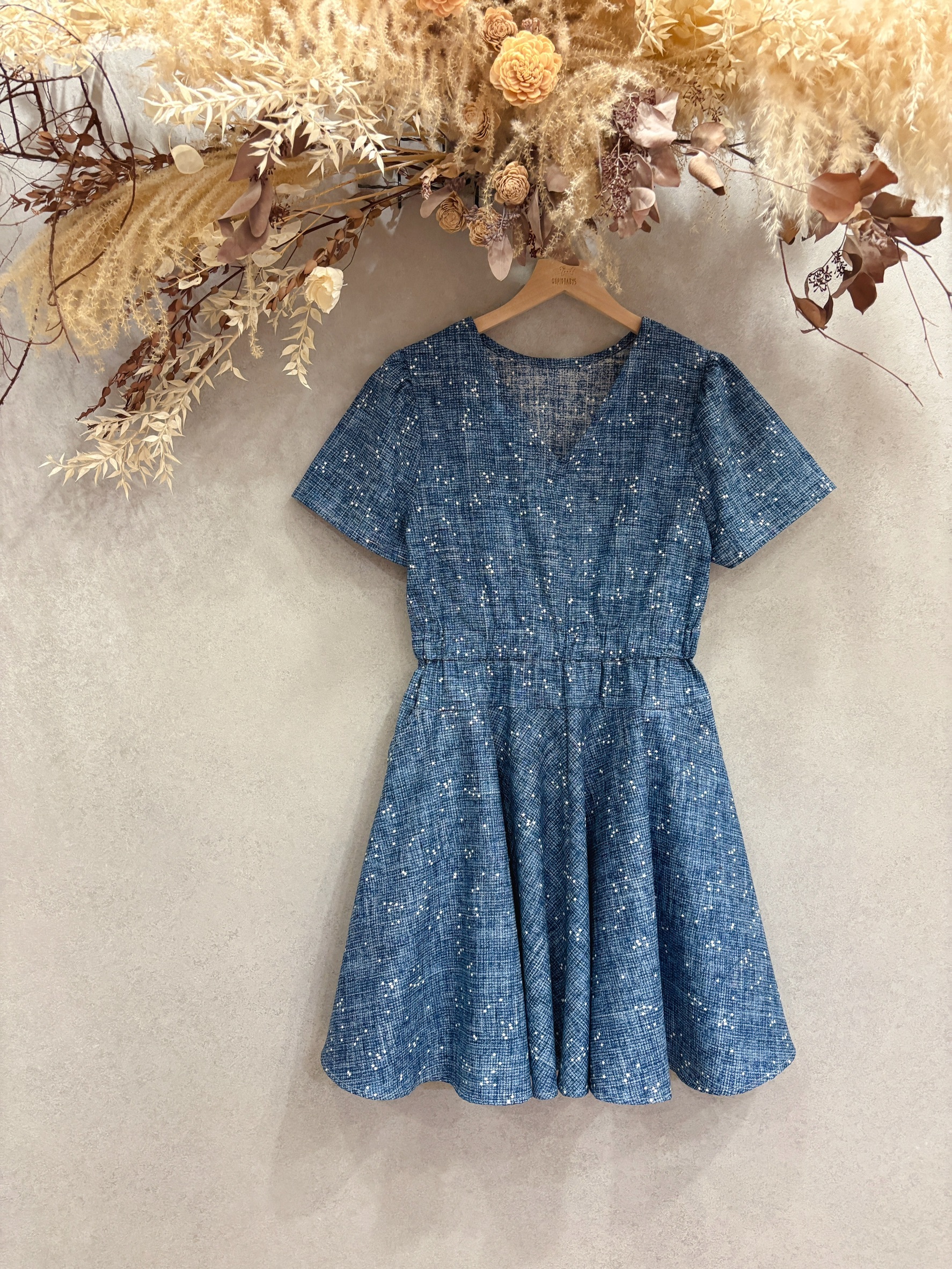 牛仔星星 媽咪復古喇叭短袖短洋裝