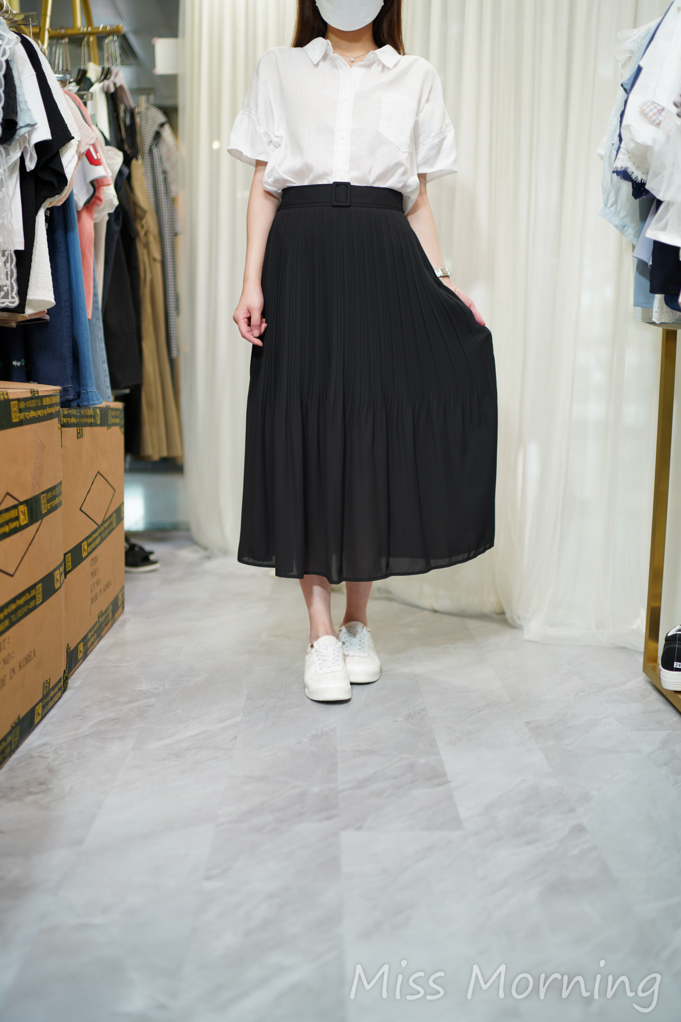 明線麻料上衣 (14610)&假腰帶百摺雪紡裙(33960)