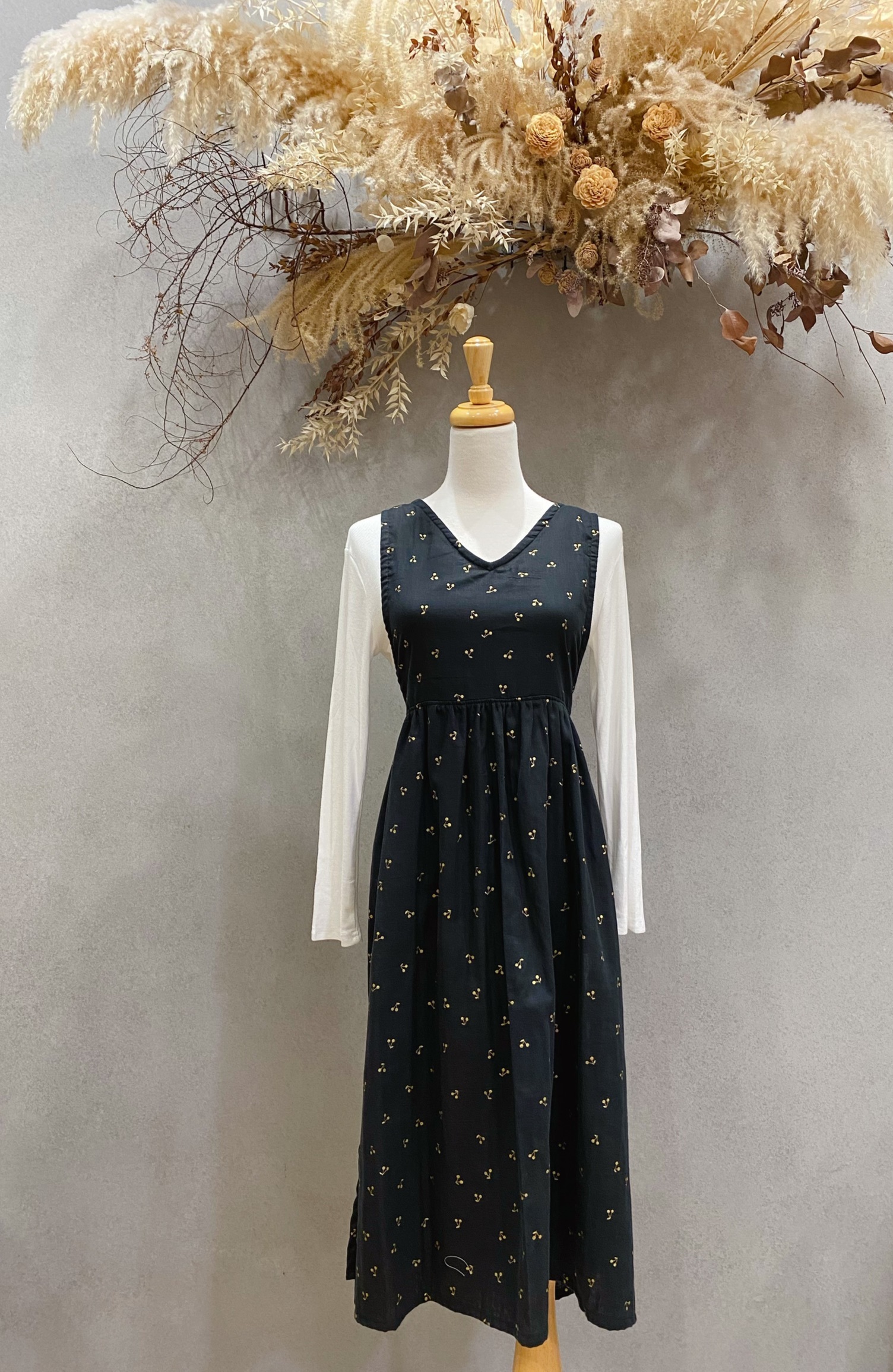 黑底燙金櫻桃 媽咪三穿綁帶長洋裝