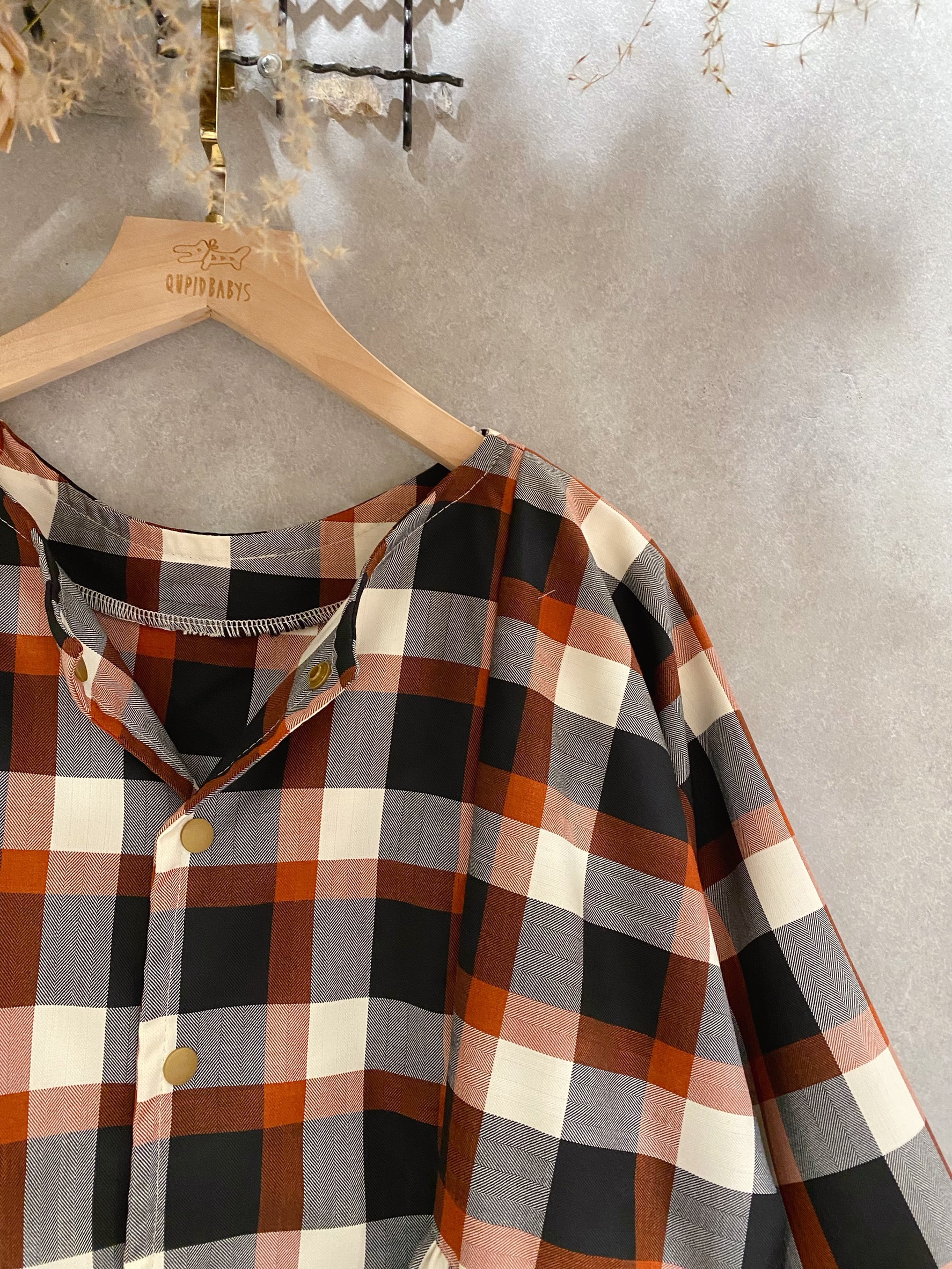 橘紅黑格 媽咪日系七分袖洋裝