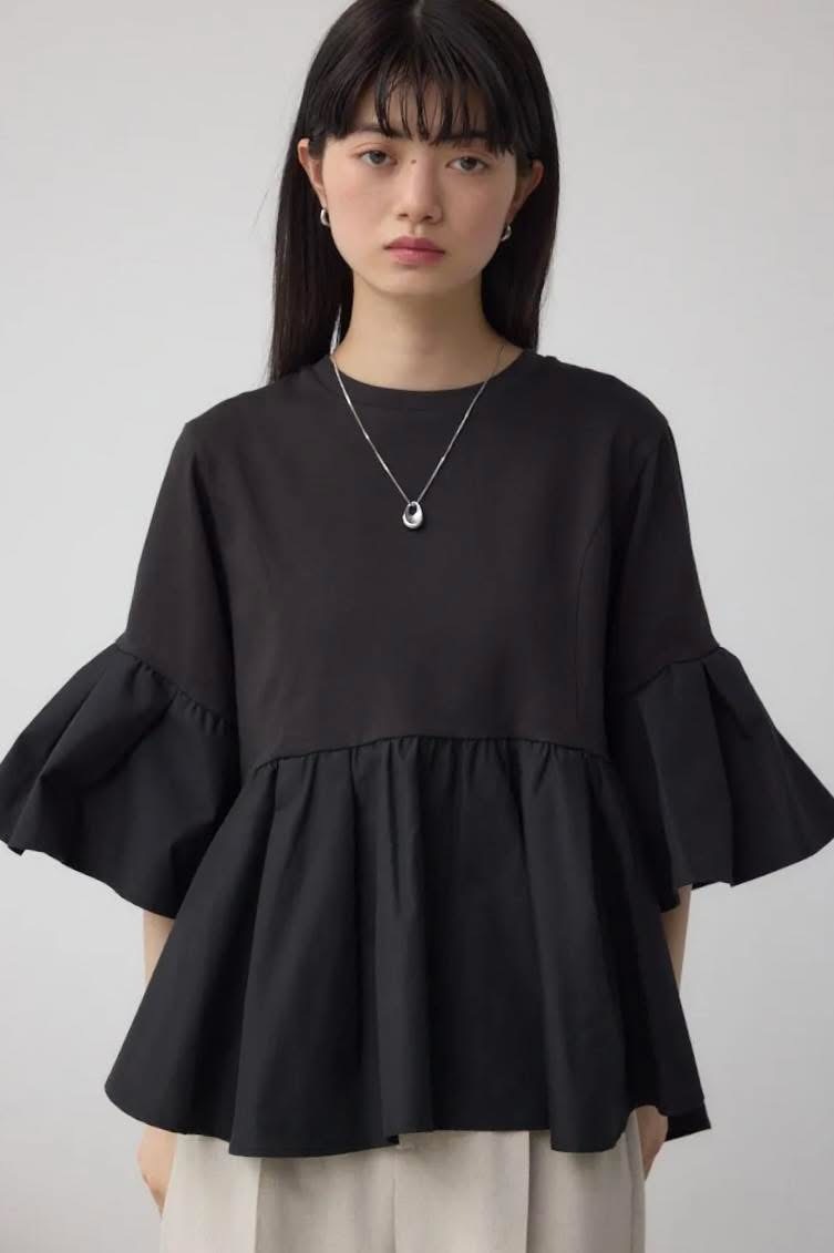 AZUL BY MOUSSY タックスリーブ半袖デザインカットトップス 黑（250ISB80-449D）