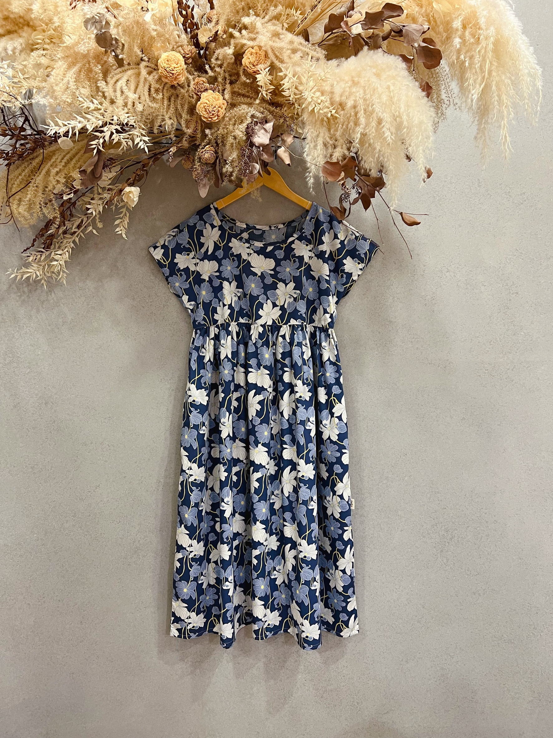 藍底線條花 媽咪韓系高腰長洋裝(L)