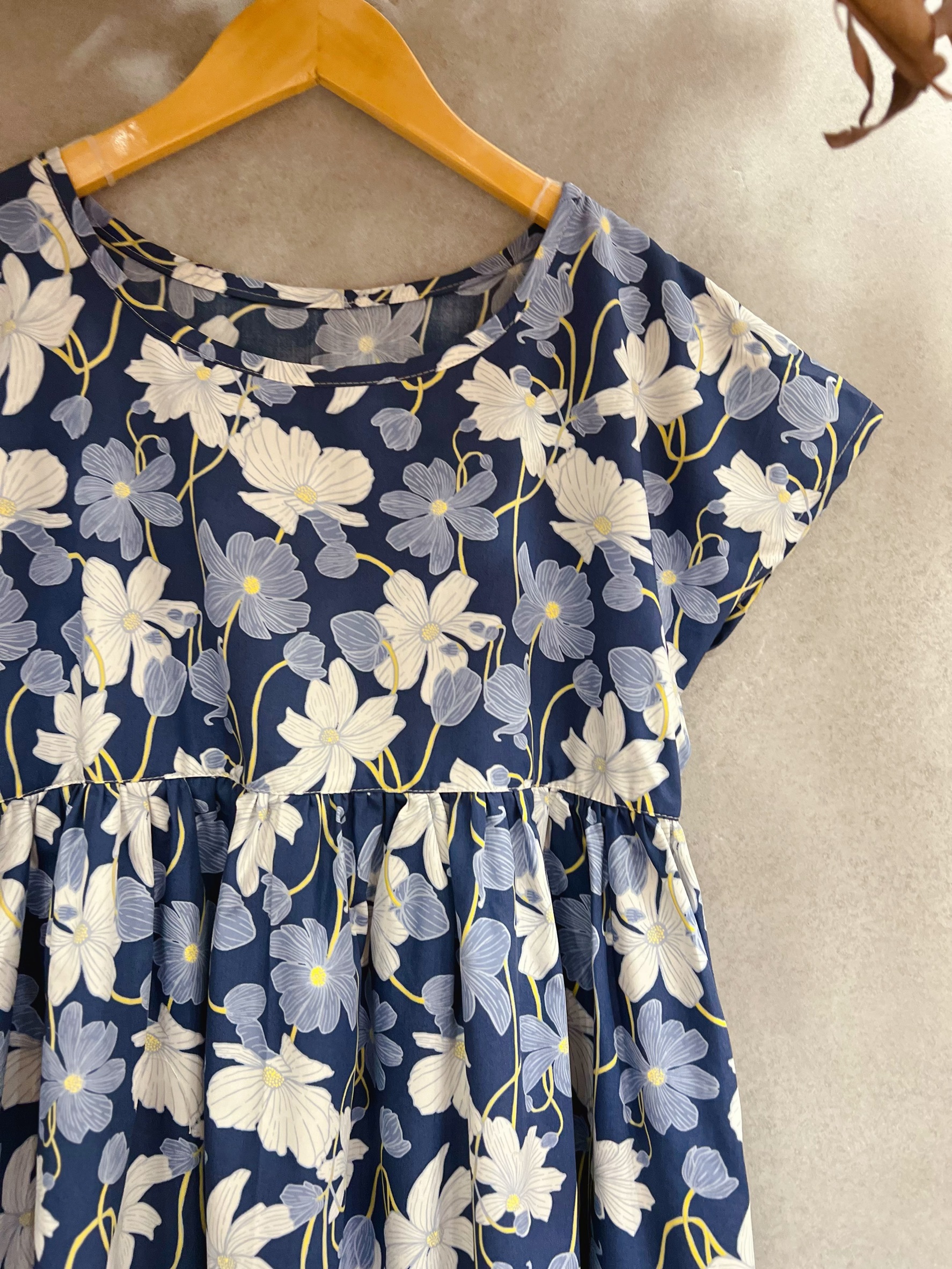 藍底線條花 媽咪韓系高腰長洋裝(L)