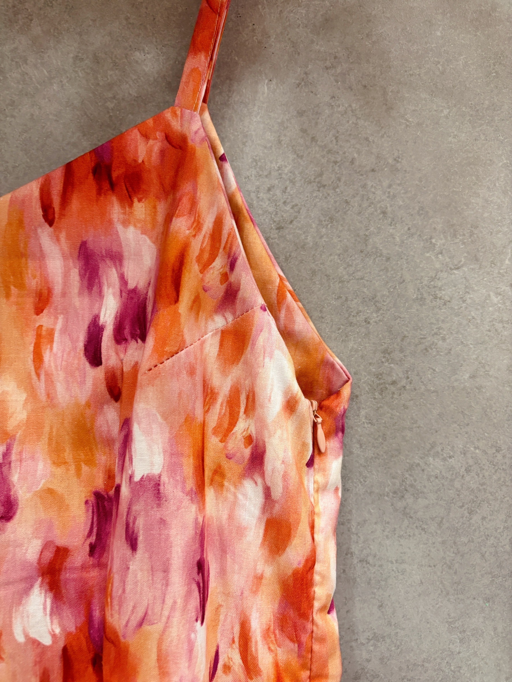 油畫粉橘刷色 媽咪開衩魚尾洋裝(M)