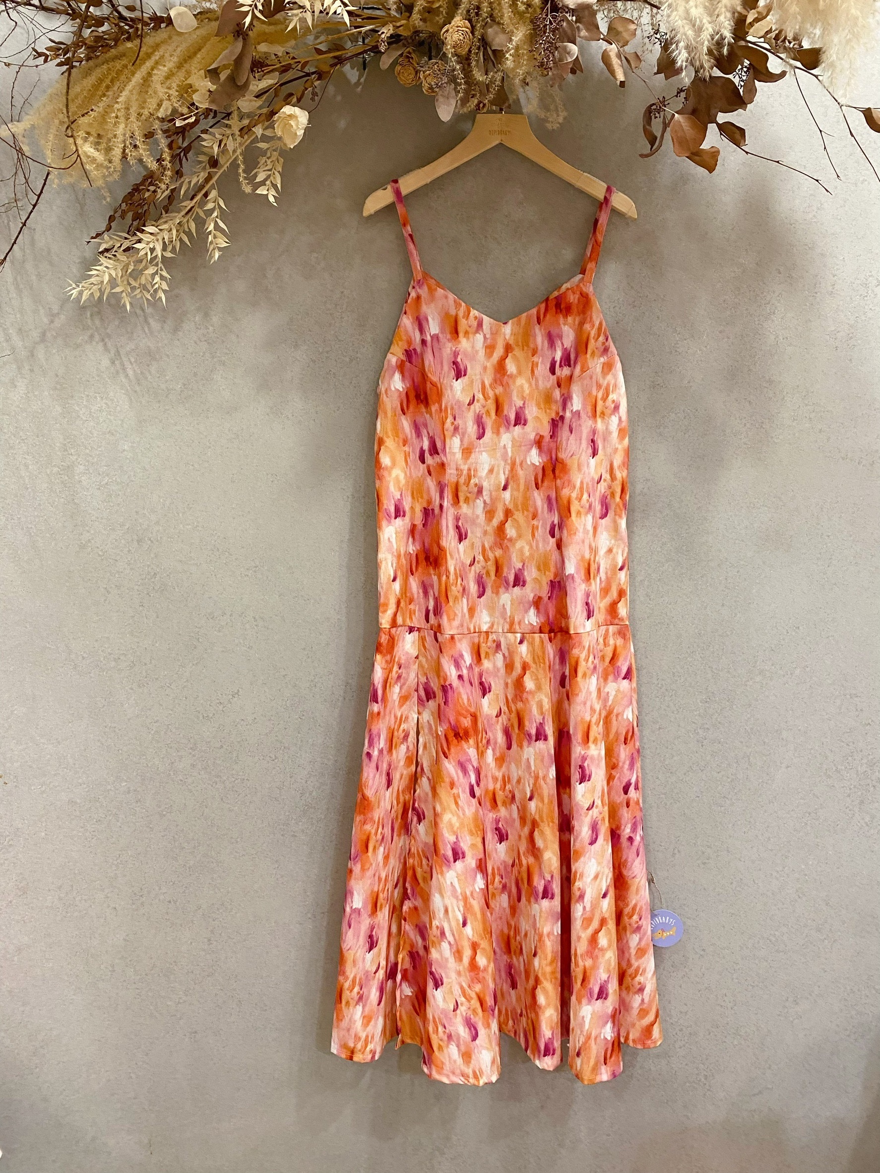 油畫粉橘刷色 媽咪開衩魚尾洋裝(M)