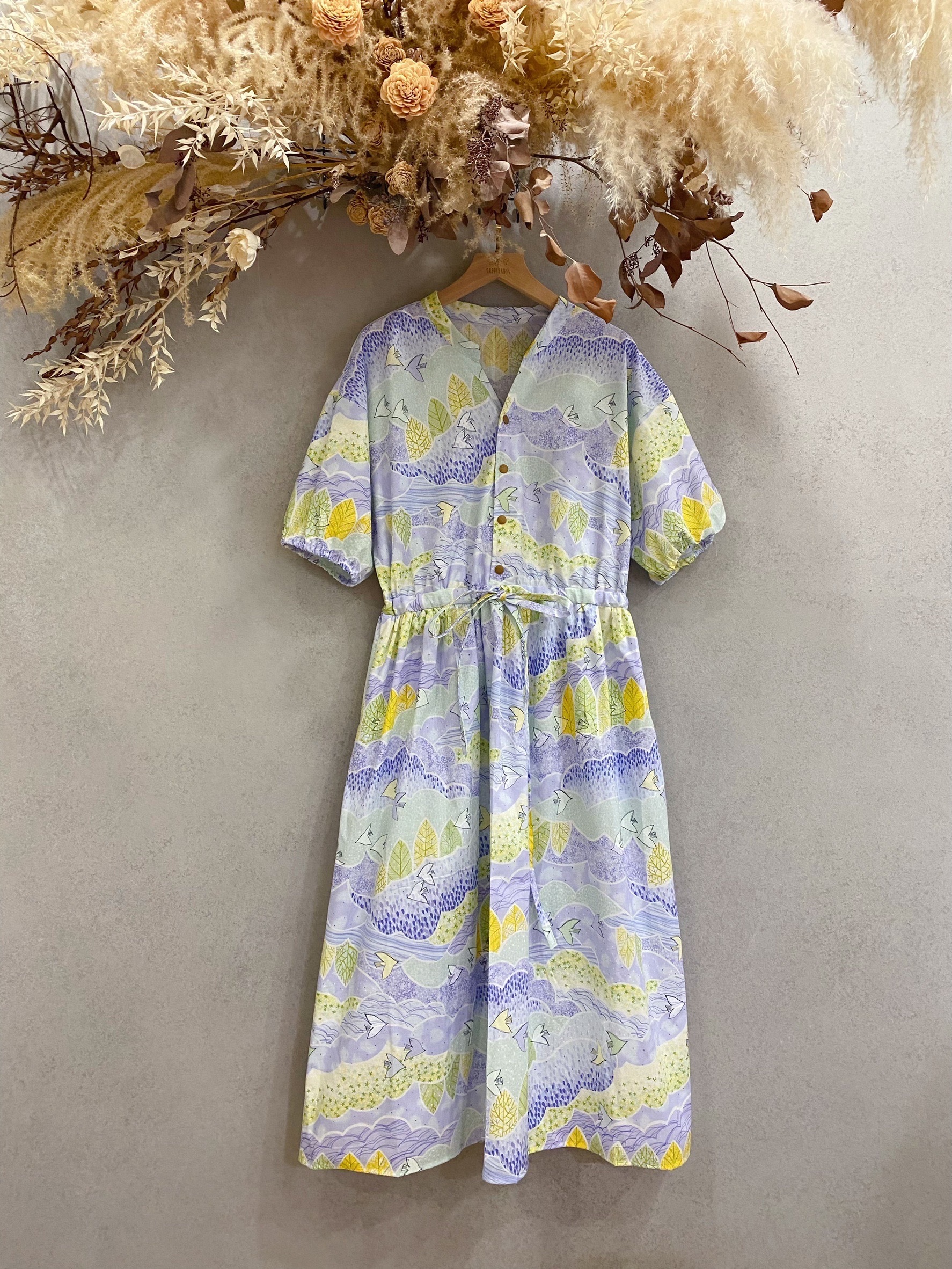 溫柔紫夢幻飛鳥 媽咪前開排釦抽繩洋裝