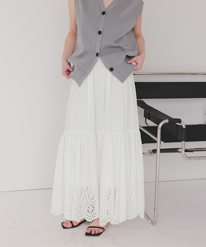 titivate 刺繍レースギャザースカート 白L（ABXP3617）