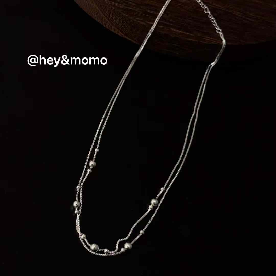 HM4370 925銀盒子鏈➕大小銀豆雙層項鍊