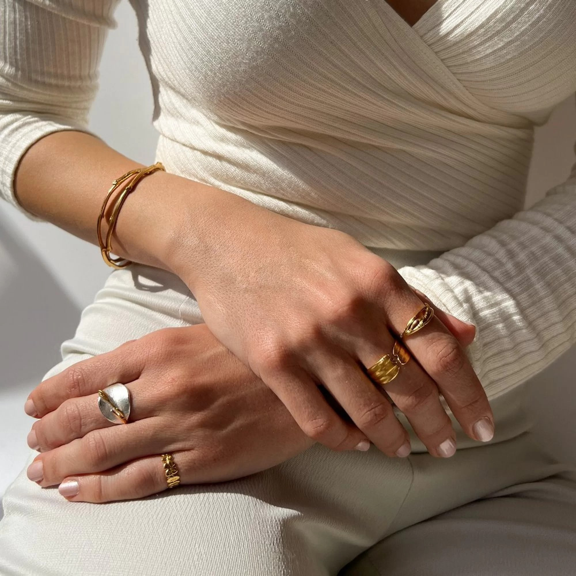 1TA0524-307 THALLO Tinos Jasmine Ring with Narrow Twig Base 24K Gold and Sterling Silver #s194b (A-SK-E)