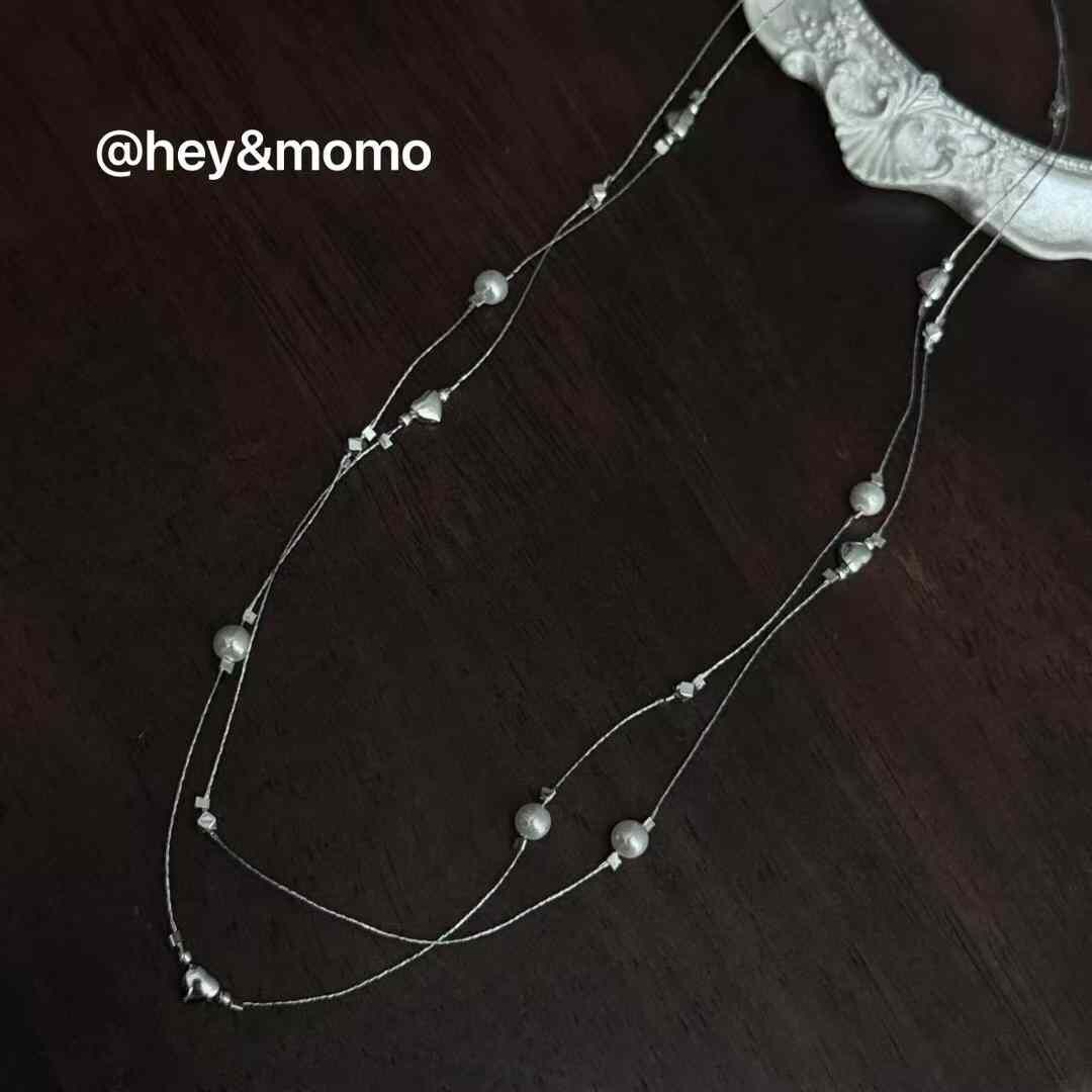 HM4346 925 銀小愛心➕珍珠雙層銀線項鍊