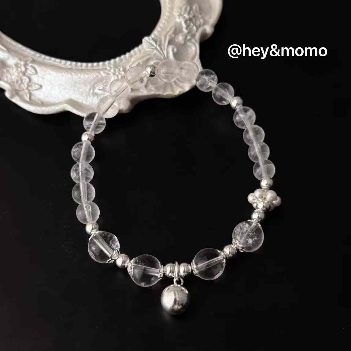 HM4352 925銀清透白水晶珍珠銀球吊墜彈性繩手鍊