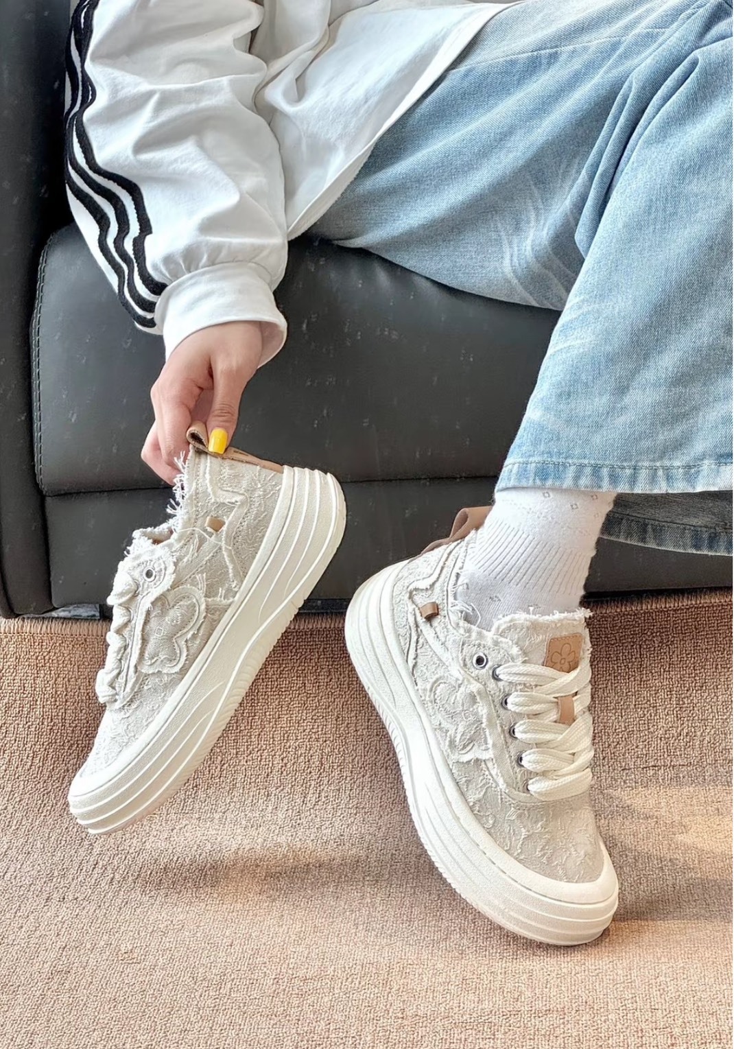 WE FLOWER 小花厚底板鞋（珍珠白