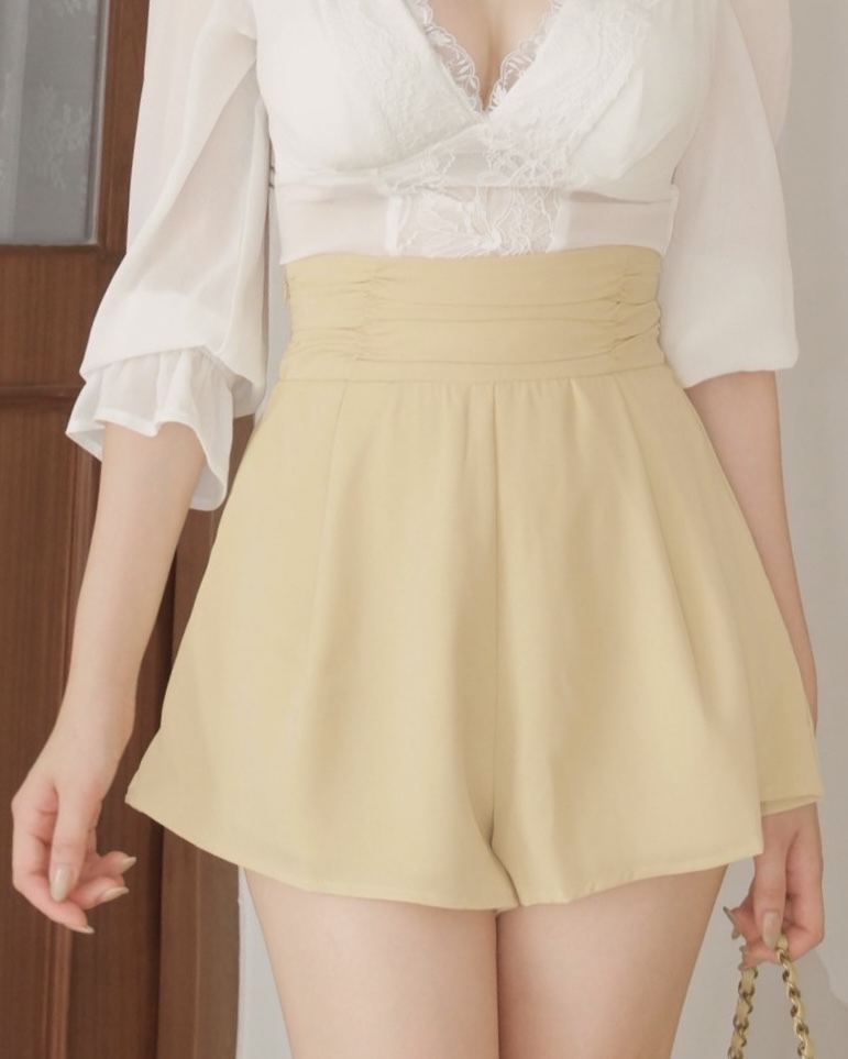 訂製-雪紡抓皺高腰短褲