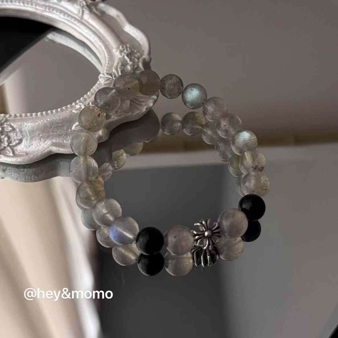 HM4355 925銀灰色月光黑瑪瑙克羅心十字架彈力繩手鍊