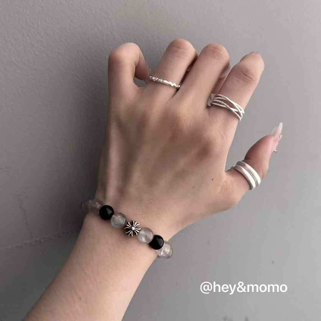 HM4355 925銀灰色月光黑瑪瑙克羅心十字架彈力繩手鍊