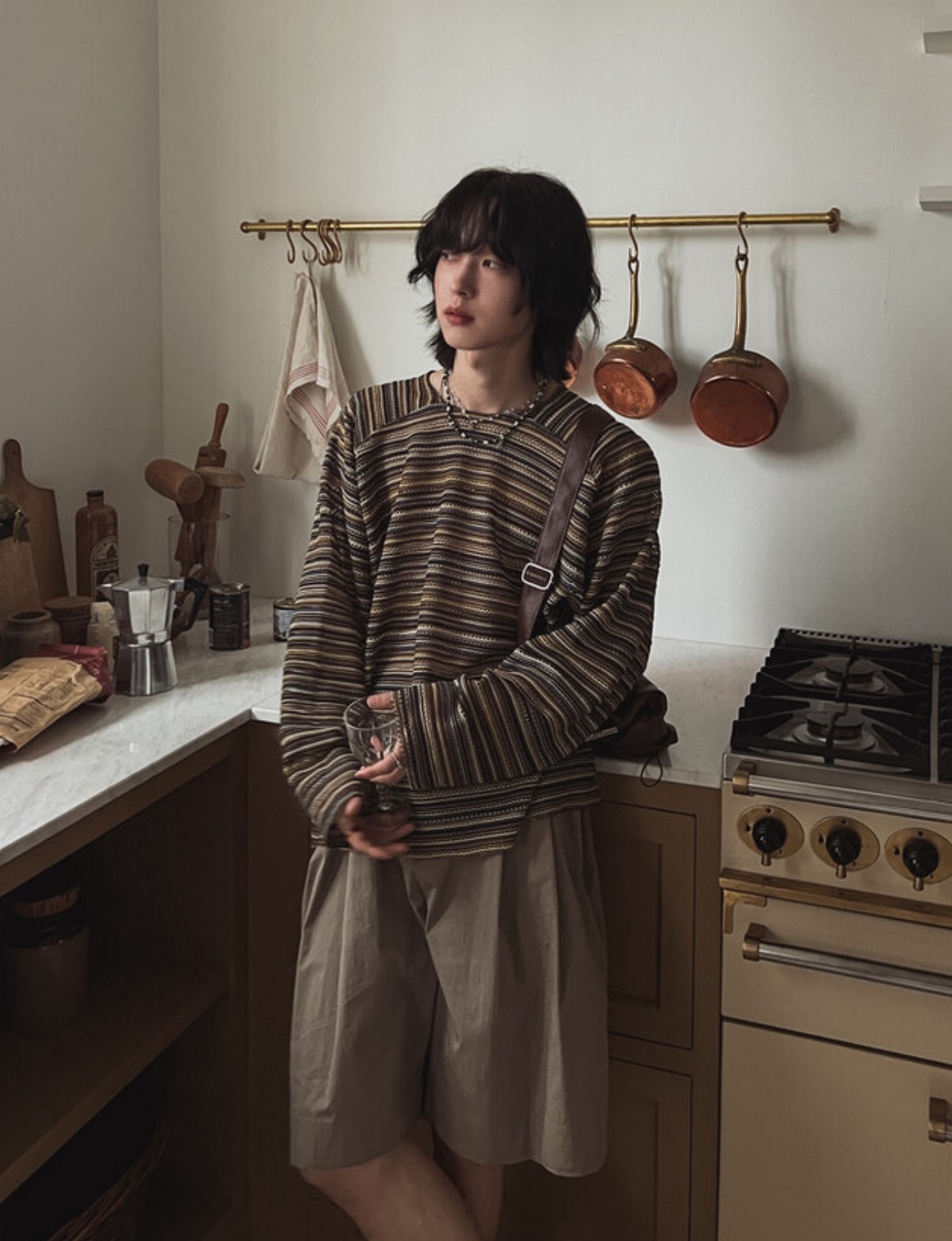 復古條紋圓領長袖