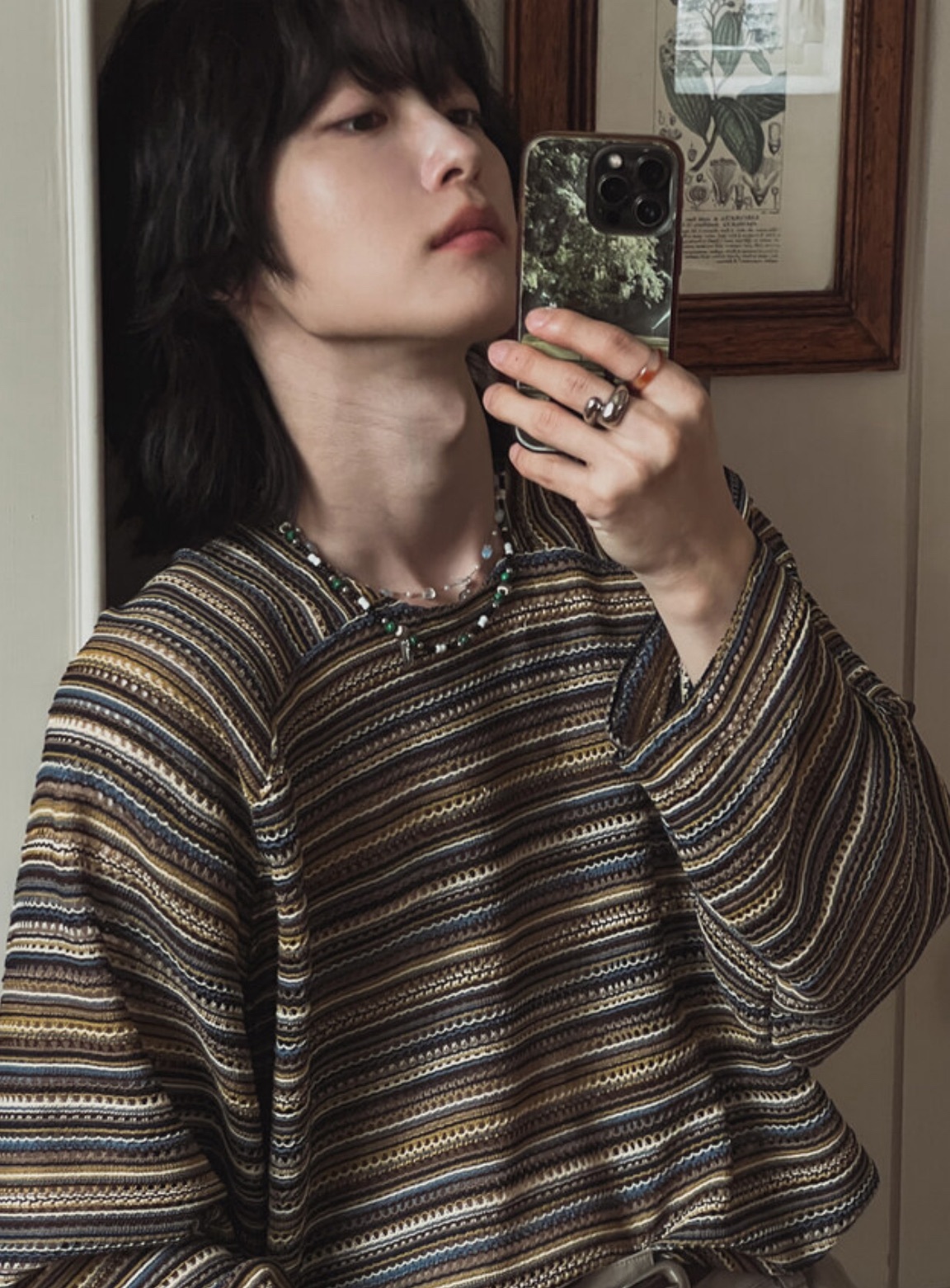 復古條紋圓領長袖