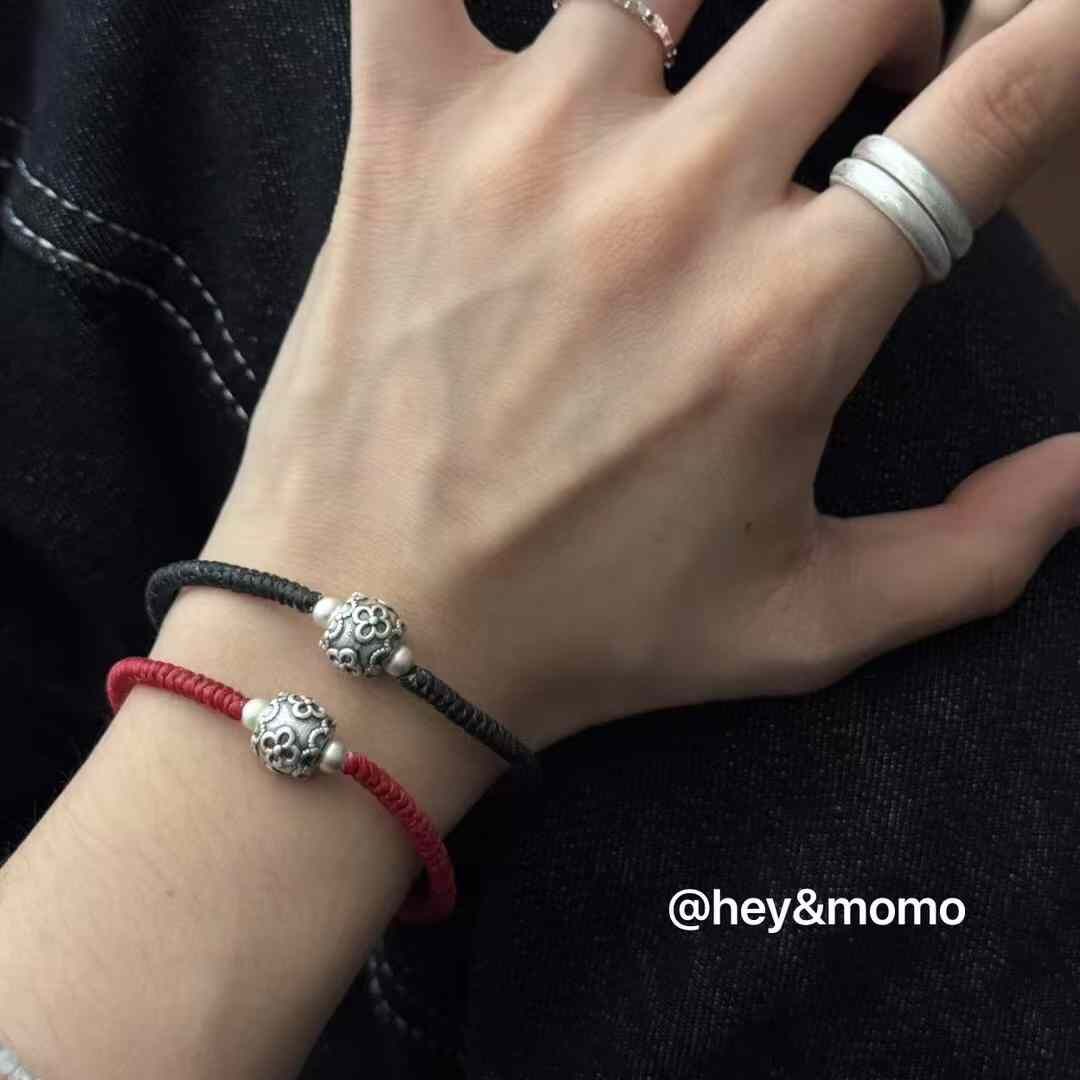 HM4375 925銀復古銀球四葉草雕刻蜜蠟手鍊