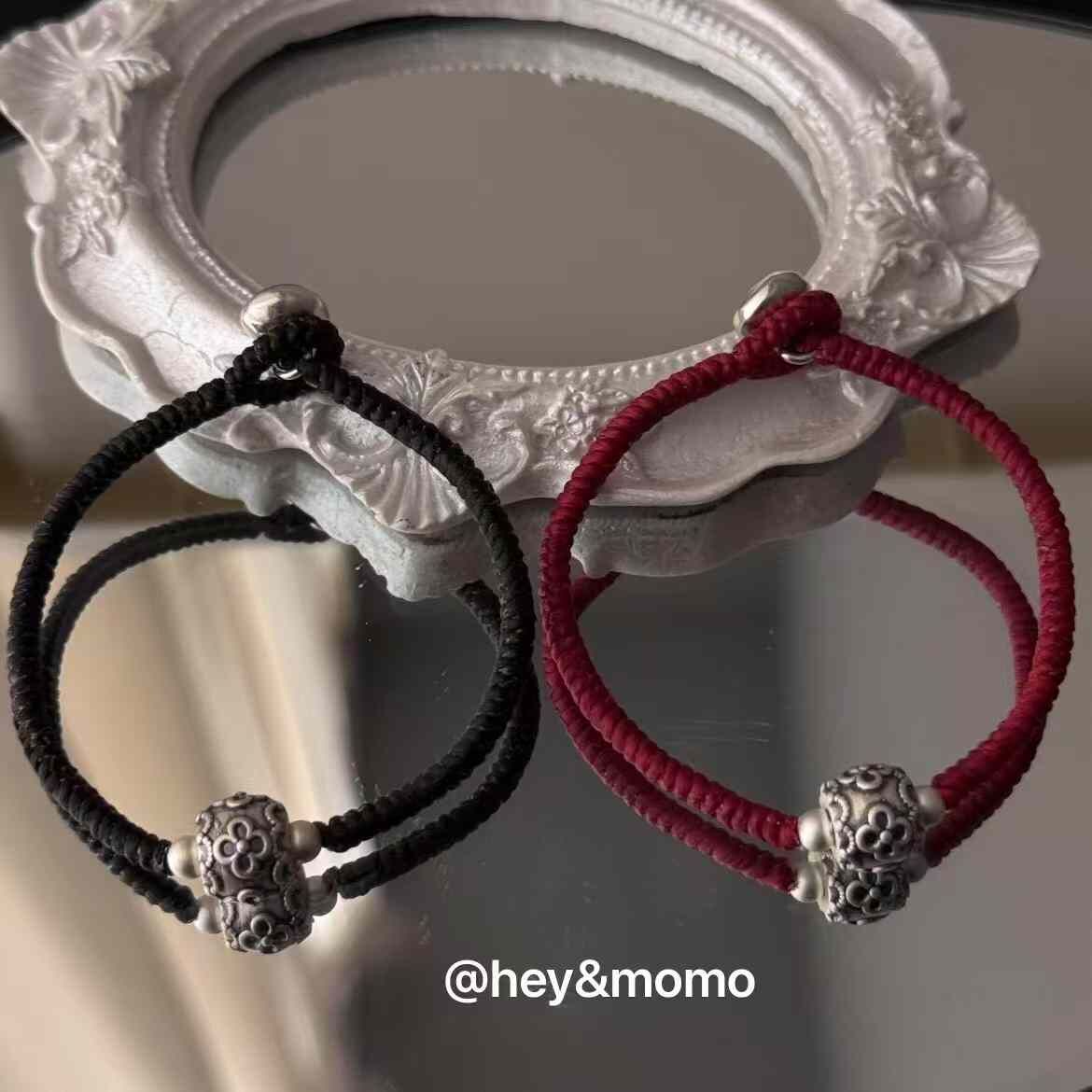 HM4375 925銀復古銀球四葉草雕刻蜜蠟手鍊