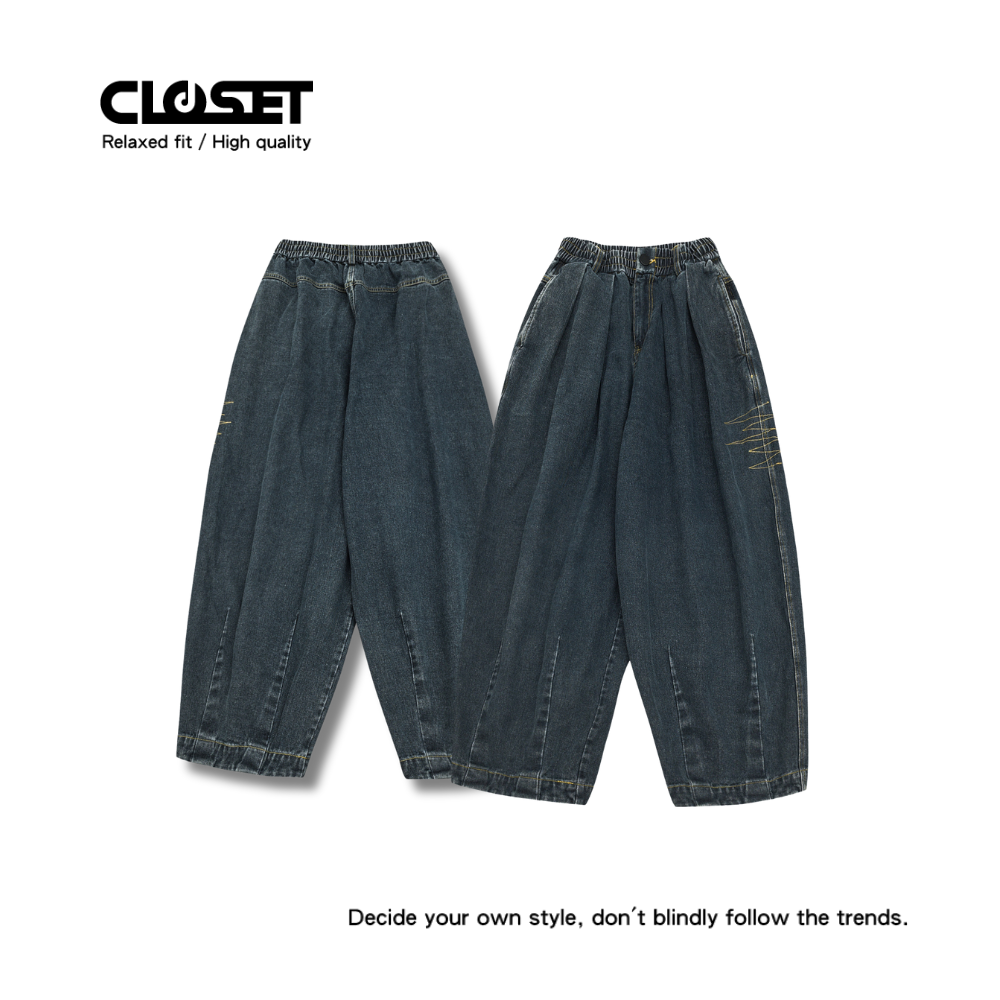 [D.CLOSET] 繭型 寬版 復古做舊 牛仔褲 刺繡 LL16