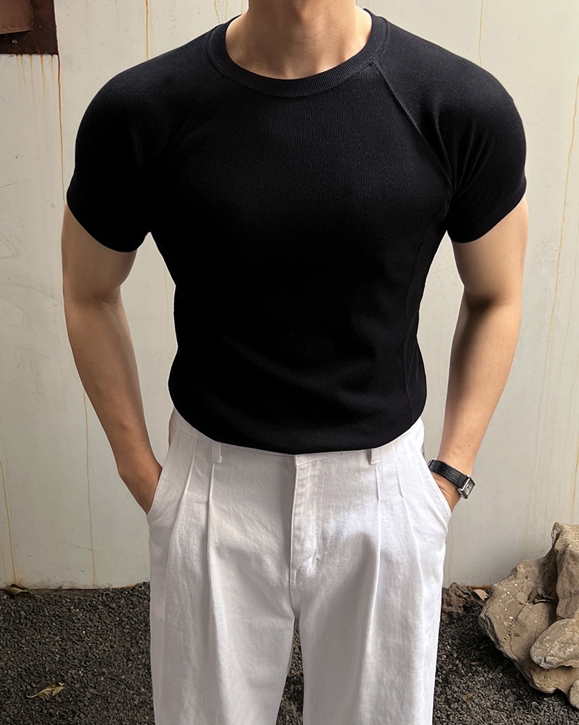 交叉羅紋肌肉貼身短袖T恤