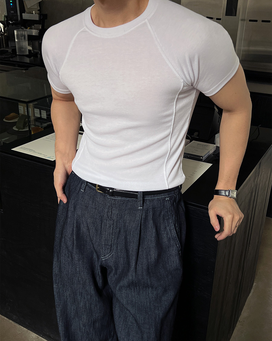 交叉羅紋肌肉貼身短袖T恤