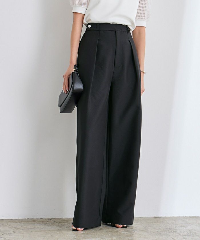 ur’s ベルトデザインワンタックワイドパンツ黑M（BFXN2117）