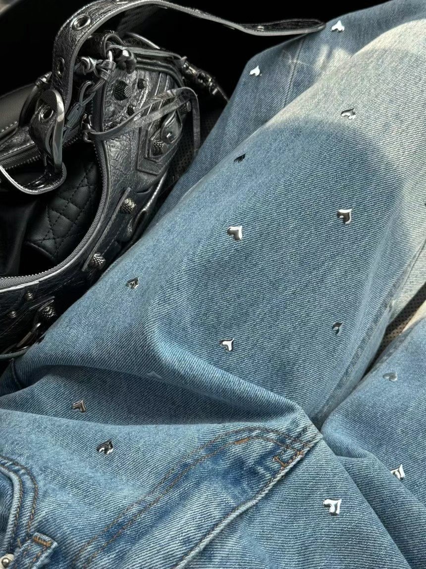 側壓線愛心大直筒寬褲(藍/黑)