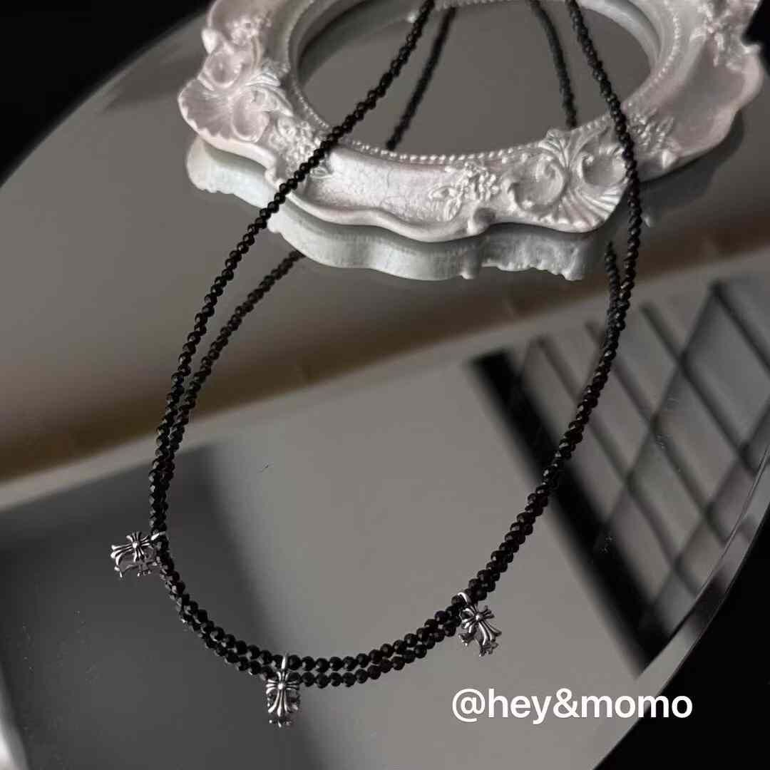 HM4379 925銀黑色天然石➕精緻小巧十字架個性項鍊