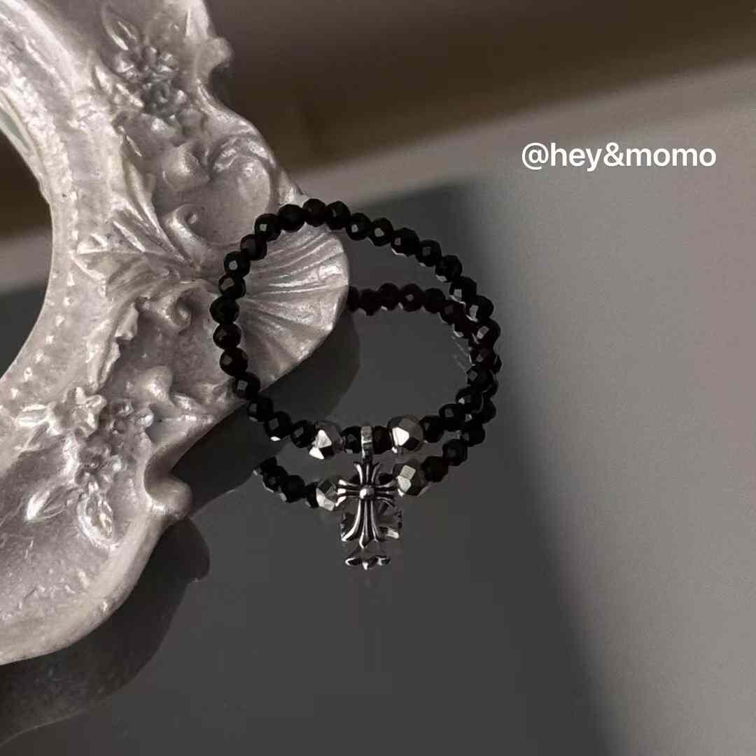 HM4345 925銀簡約精緻克羅心十字架吊墜彈力繩戒指