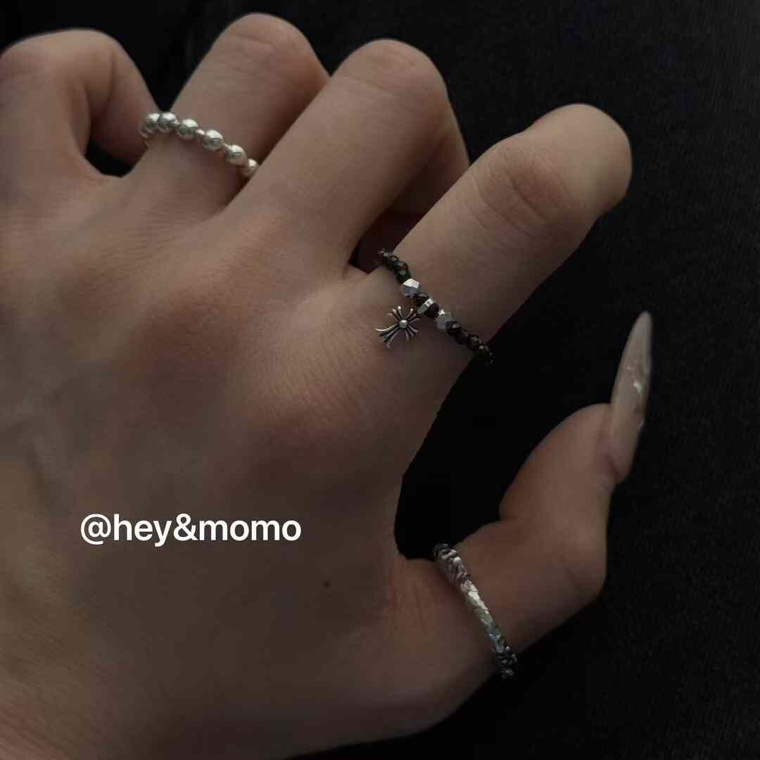 HM4345 925銀簡約精緻克羅心十字架吊墜彈力繩戒指