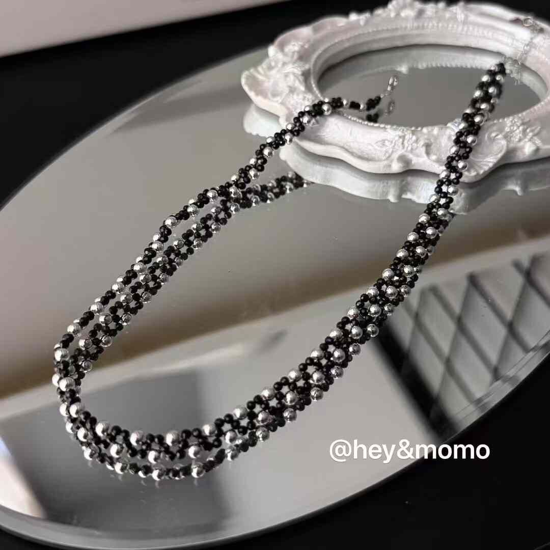 HM4376 925銀黑色天然石➕銀球手工編織choker項鍊