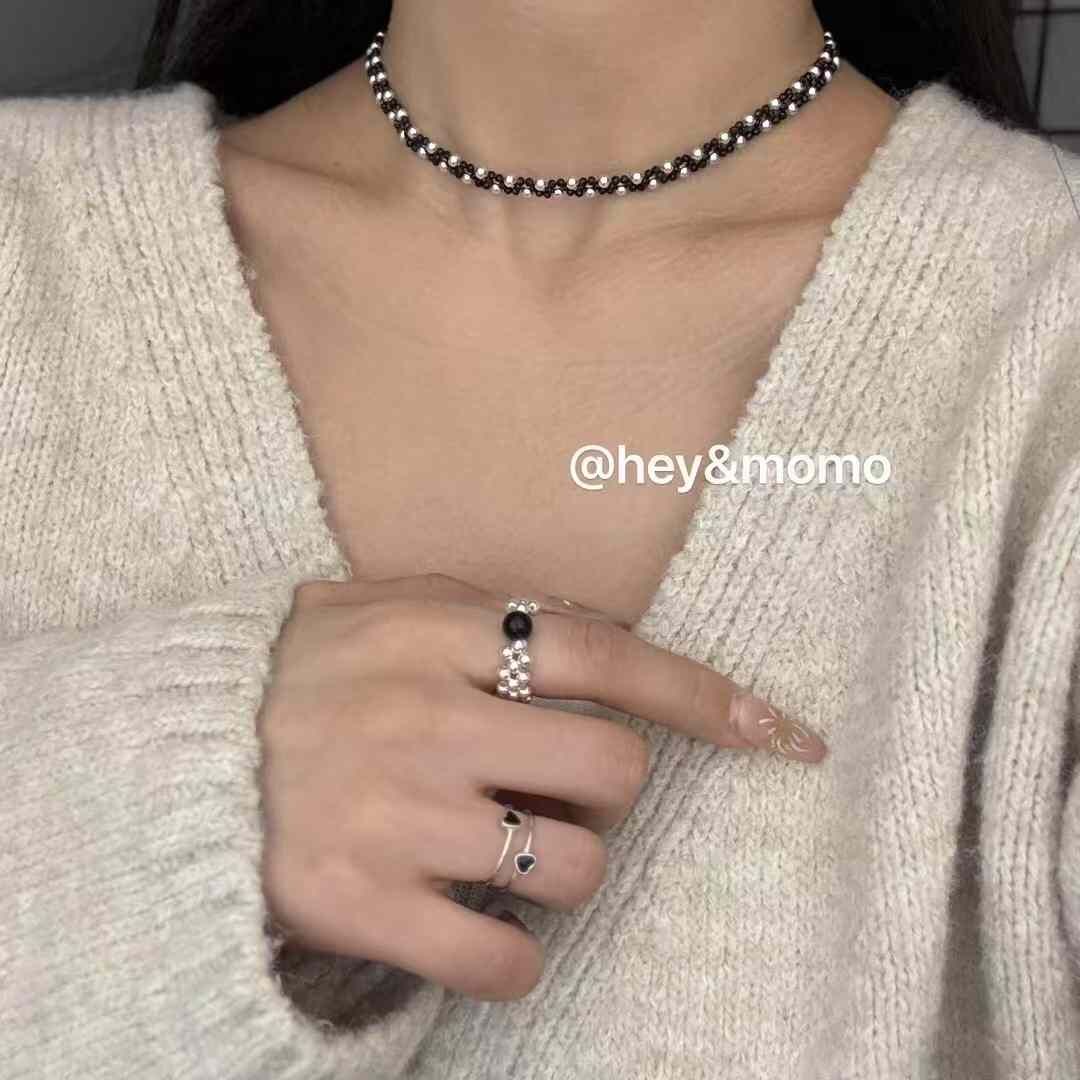 HM4376 925銀黑色天然石➕銀球手工編織choker項鍊