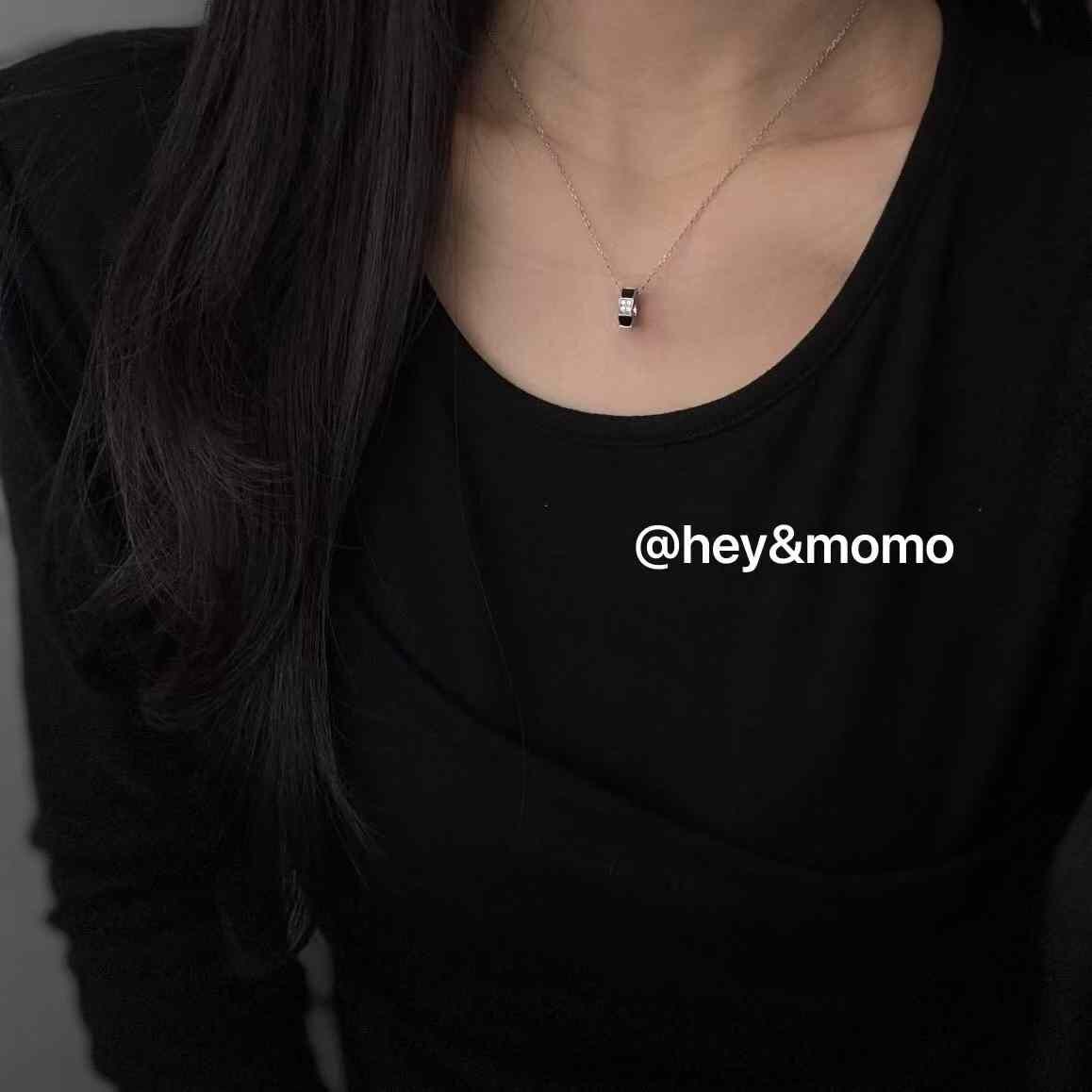 HM4361 925銀微鑲鑽黑釉大牌轉運桶吊墜項鍊