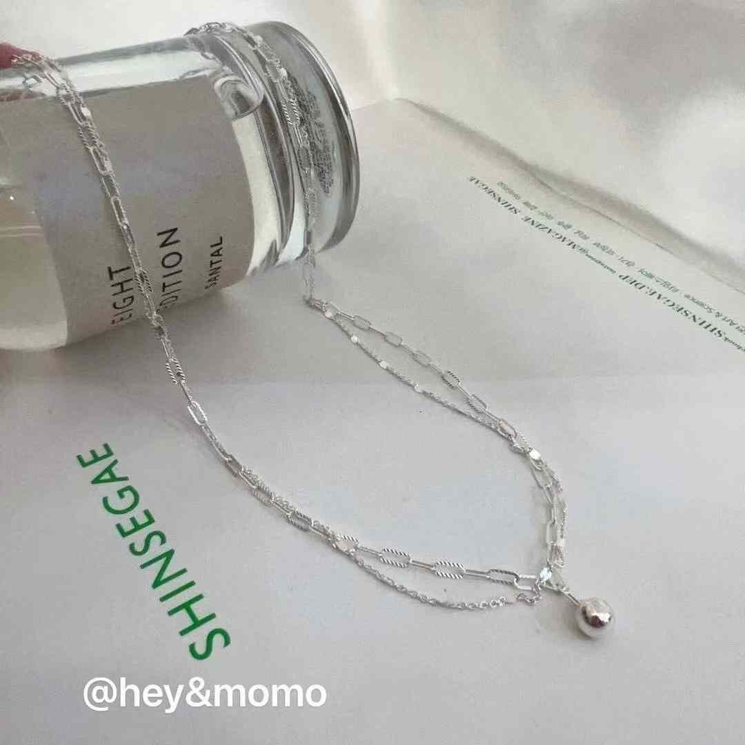 HM4362 925銀雙層小頸鍊切割面回形針鍊銀球球吊墜項鍊