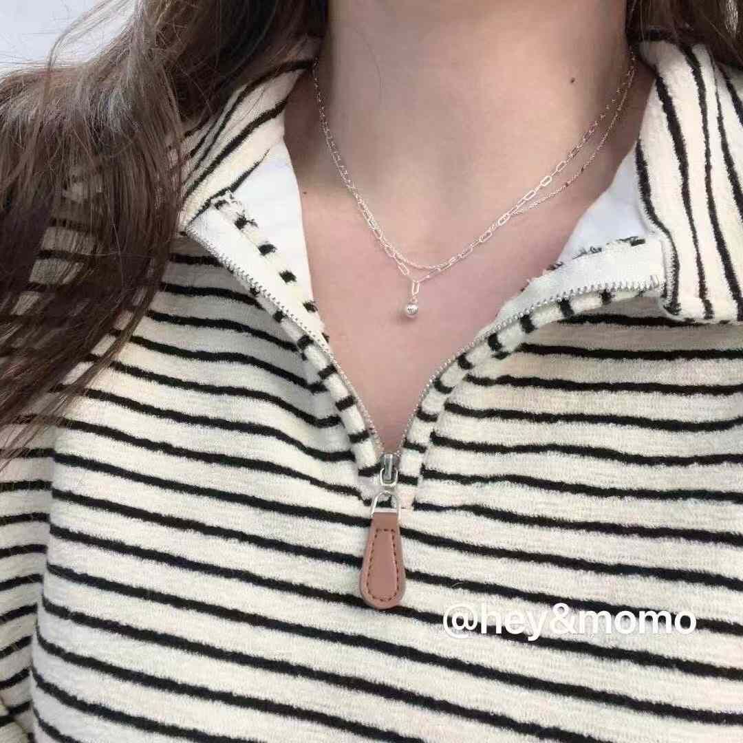 HM4362 925銀雙層小頸鍊切割面回形針鍊銀球球吊墜項鍊