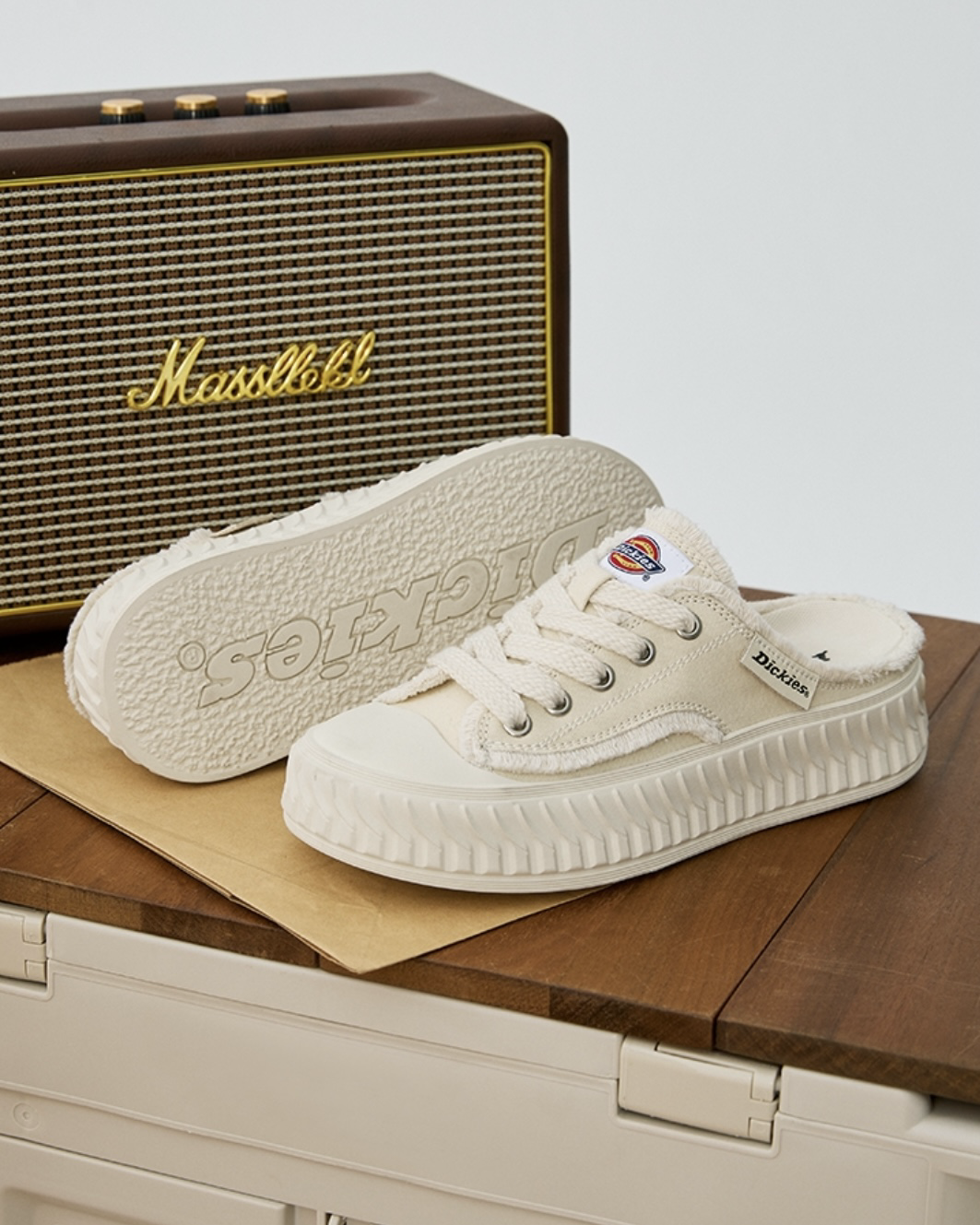 Dickies 厚底 增高 半拖 解構 餅乾鞋 帆布鞋 輪胎底 米白/黑色