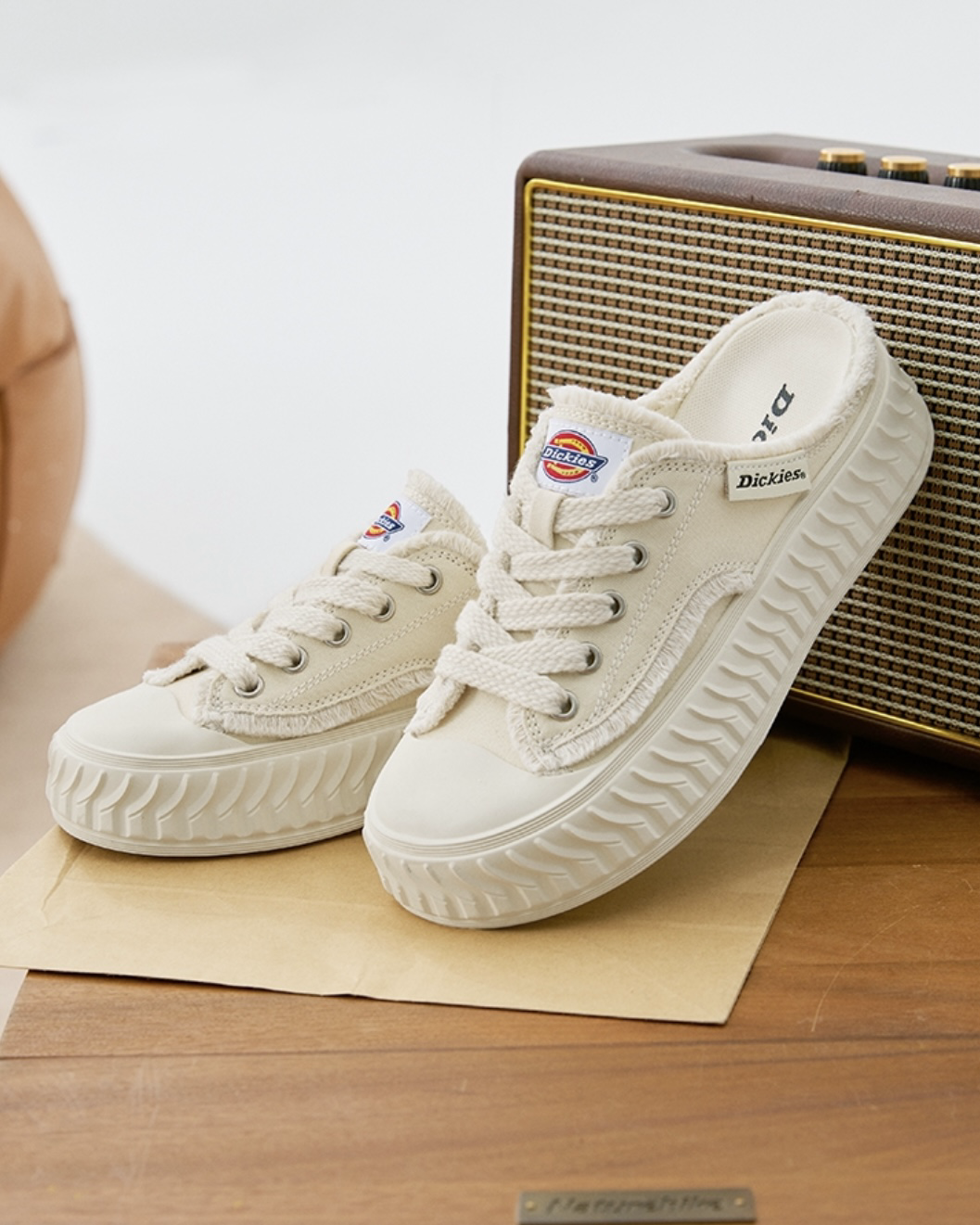Dickies 厚底 增高 半拖 解構 餅乾鞋 帆布鞋 輪胎底 米白/黑色