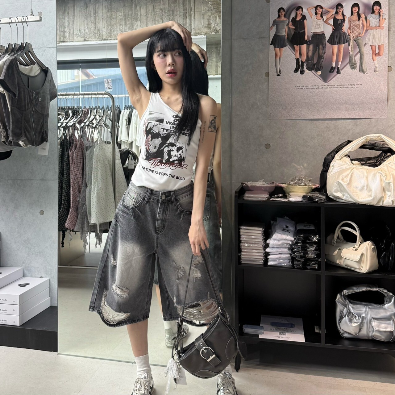 帥氣刷破五分牛仔褲