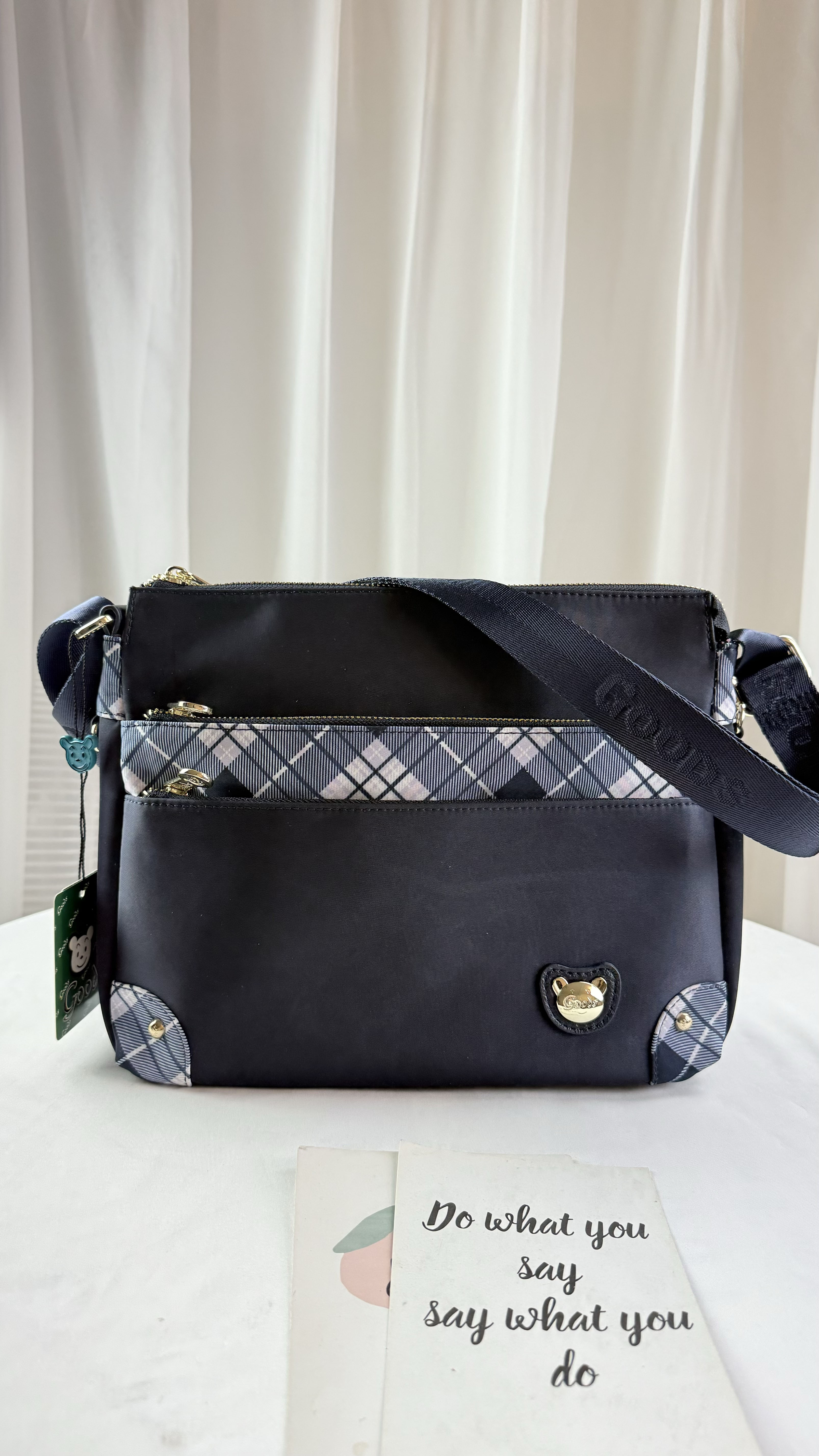 GOODS 英倫格紋藍拼色防潑水側背包 #2045